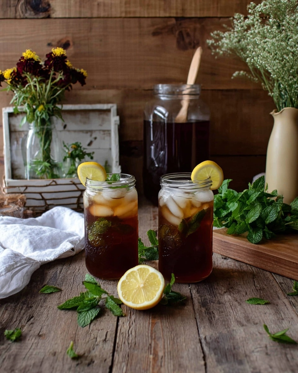 Two clear glass jars filled with dark brown iced tea sit on a rustic wooden table. Each jar has a yellow lemon slice placed on the rim, floating ice cubes, and green mint leaves inside the tea. Between the jars is a half lemon on the table with scattered mint leaves around. Behind the jars, a large glass jar with dark tea and a wooden spoon is placed. To the left is a white cloth and a small white metal basket holding a clear glass vase with small dark red and yellow flowers. On the right side, fresh green mint leaves rest on a wooden cutting board next to a beige vase with light green flowers. The background shows a wooden wall, and the table has a rough wood texture. photo taken with an iphone --ar 4:5 --v 7