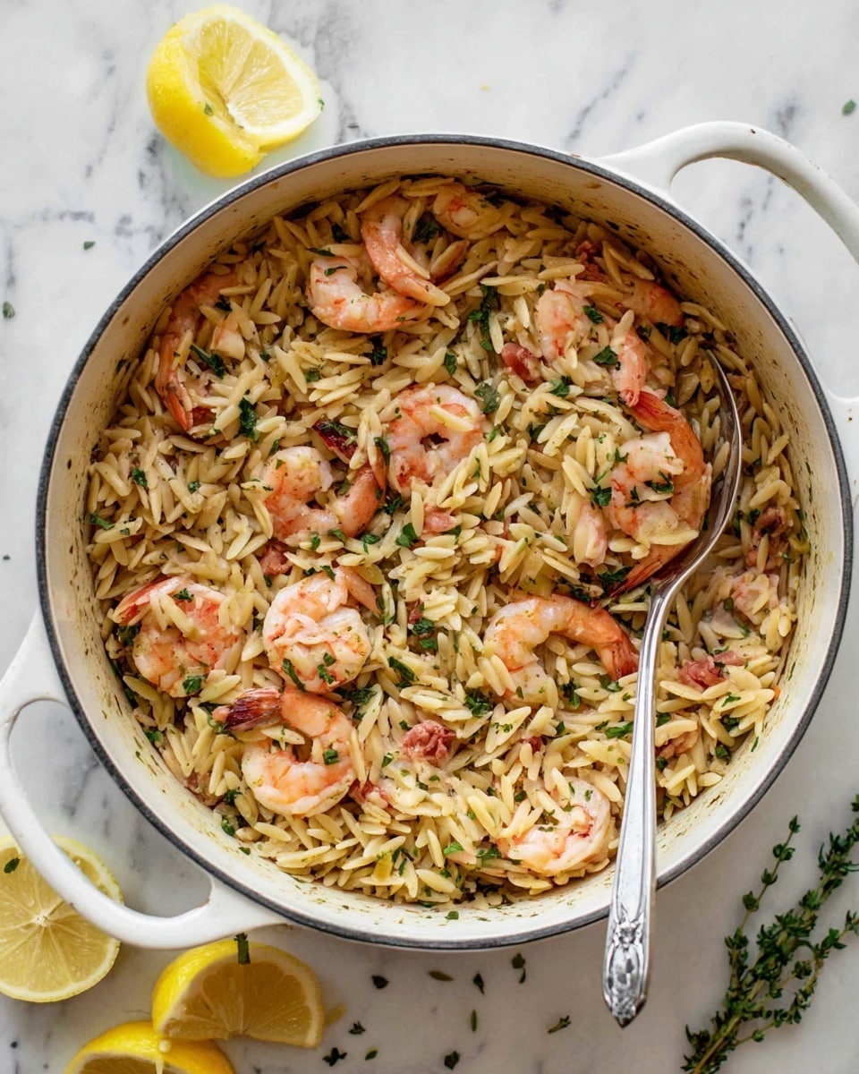 A white pot filled with a dish having three main layers: the bottom layer is small, brown rice-shaped pasta with a glossy texture, mixed with finely chopped green herbs scattered evenly; the middle layer consists of pink shrimp with white accents, arranged on top of the pasta mostly in a circular pattern around the pot; the top layer has small lemon wedges placed among the shrimp, adding bright yellow color and juice over the dish. All sits on a white marbled surface. Photo taken with an iphone --ar 4:5 --v 7