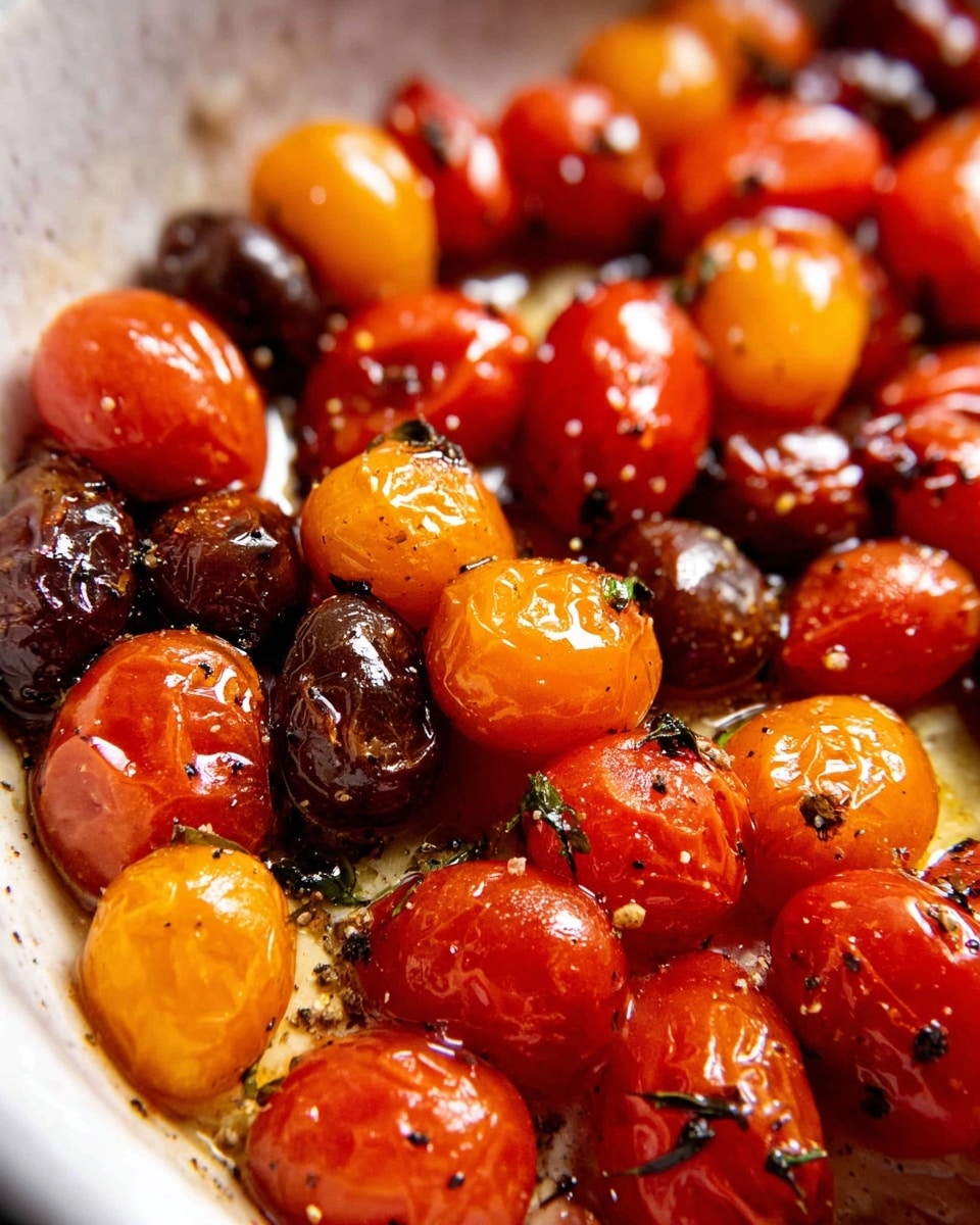 Close-up of a single layer of roasted cherry tomatoes in a white dish, showing a mix of round and oval shapes with colors ranging from deep red to orange and dark brown. The tomatoes have a shiny, oily surface with small black pepper specks scattered across them. Some tomatoes appear slightly wrinkled from roasting, and the white marbled dish beneath them adds a soft, clean contrast to the vibrant, warm colors of the tomatoes. Photo taken with an iphone --ar 4:5 --v 7