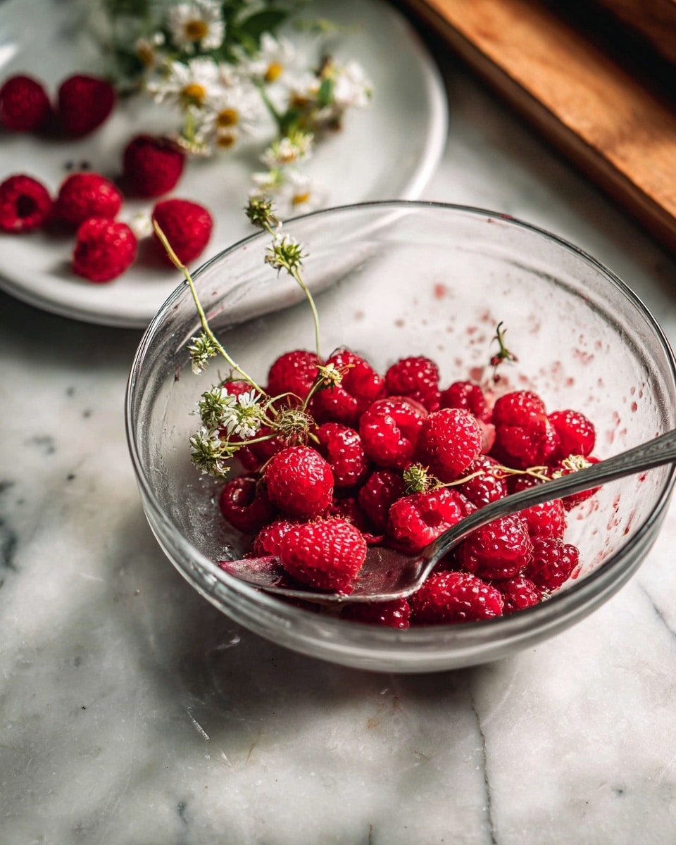 A clear glass bowl filled with bright red raspberries sits on a white marbled surface. Inside the bowl, there are tiny green stems and a few small white flowers adding decorative detail to the raspberries. A silver spoon rests inside the bowl at the right side, appearing slightly stained with raspberry juice. Behind and above the bowl, there is a white plate holding a few more raspberries and some small white flowers with green stems. The scene has a warm and natural lighting, highlighting the fresh, juicy texture of the raspberries. photo taken with an iphone --ar 4:5 --v 7