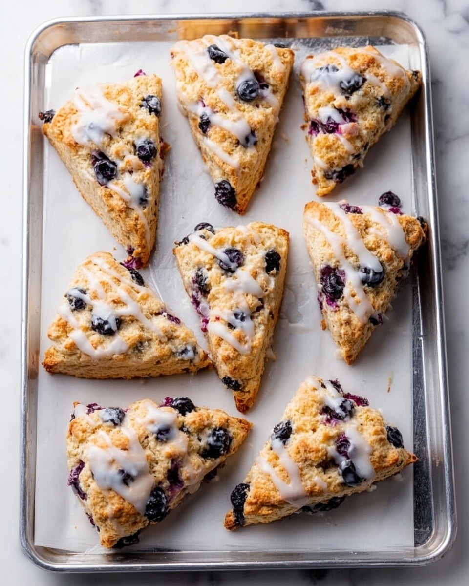 The image shows eight triangular scones spread out on a silver baking tray lined with white parchment paper. Each scone has a rough, crumbly texture with golden-brown edges and is studded with whole blueberries, which add dark blue and purple spots throughout. Drizzled lightly in white icing, the glaze adds a slightly shiny and smooth contrast over the scones’ rough surface. The background and surface under the tray is a white marbled texture. photo taken with an iphone --ar 4:5 --v 7