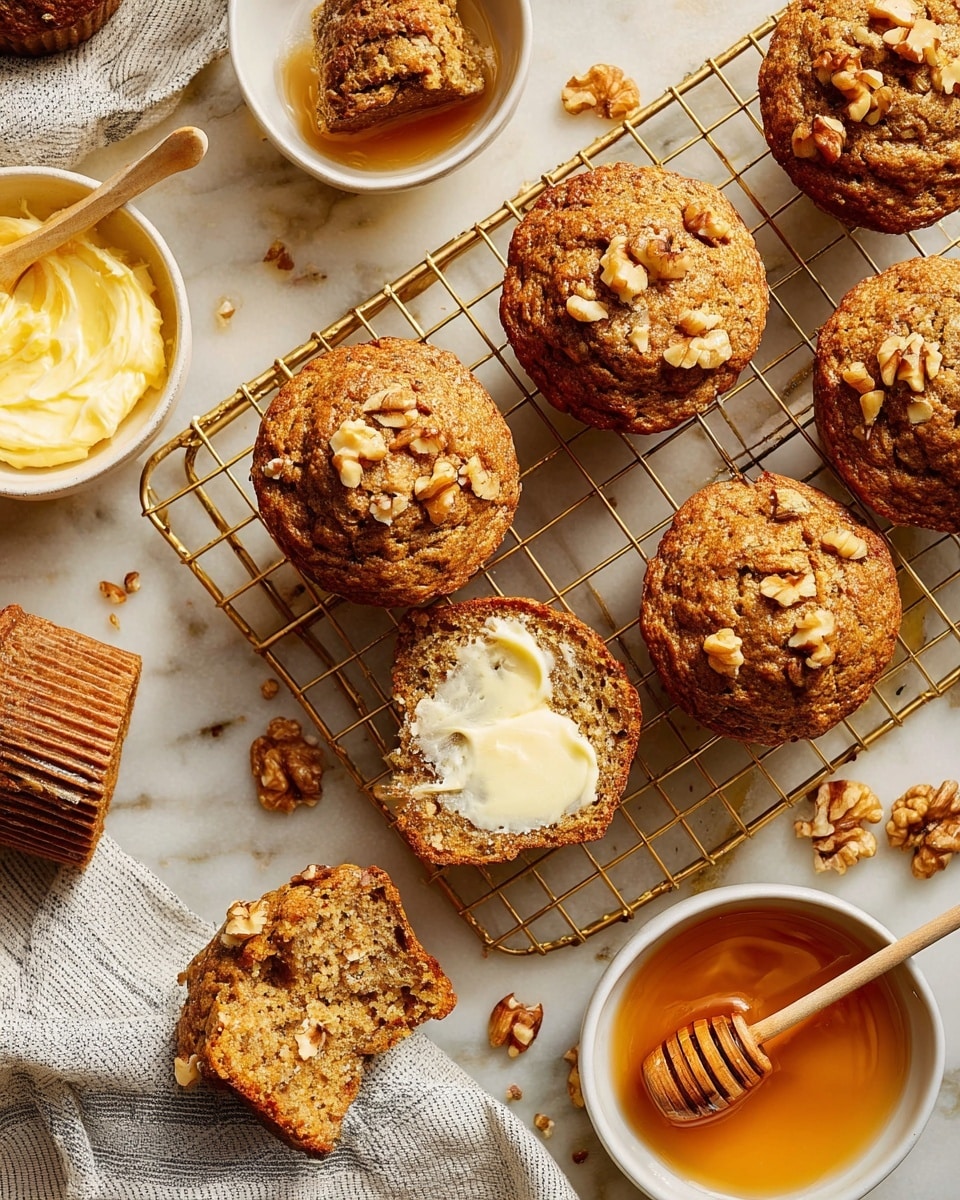 The image shows a set of golden brown muffins topped with chopped walnuts, arranged on a gold cooling rack over a white marbled surface. One muffin is open to show its soft inside with a slightly coarse texture. In the middle, one muffin is spread with creamy butter, visibly melting into the warm surface. On the left side, a small white bowl filled with butter sits with a wooden spatula resting inside. On the right, there is a white bowl containing amber honey with a wooden honey dipper. Scattered walnuts and a striped cloth napkin add texture to the scene. The lighting is warm, highlighting the muffins' crumbly tops and soft interiors. photo taken with an iphone --ar 4:5 --v 7