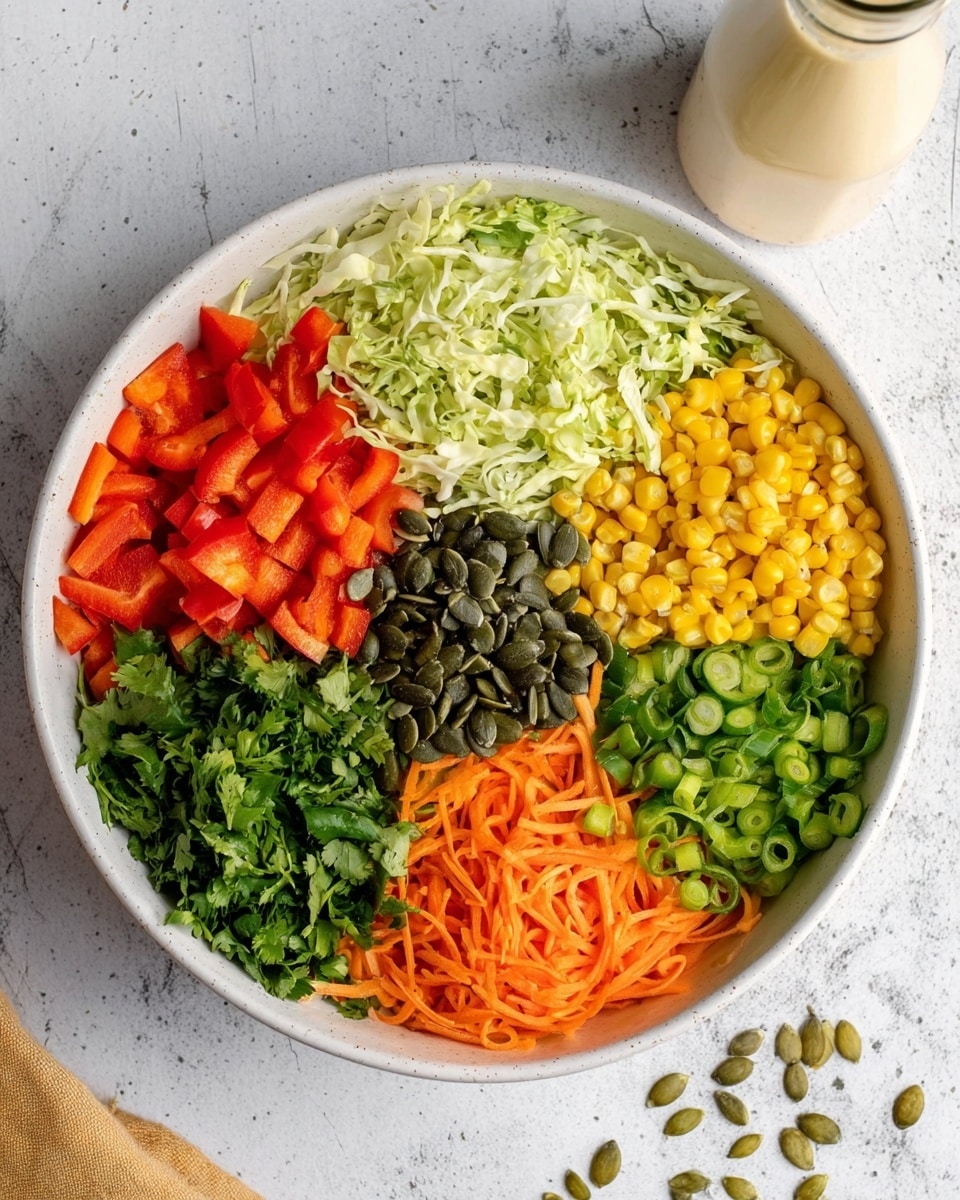 A white bowl holds a colorful salad arranged in separate sections, showing seven layers from the top view. Starting from the top left, there is a layer of chopped red bell peppers with a smooth, shiny texture, next to light green shredded cabbage with a soft, crinkled texture. In the center, a small pile of dark green pumpkin seeds with a matte finish. Moving clockwise, finely chopped dark green jalapeños, bright yellow corn kernels with a glossy look, and fresh chopped cilantro with a leafy texture fill the right side. The bottom left has a layer of shredded orange carrots with thin smooth strips, and finally, bright green sliced scallions with a slightly wet look. The bowl sits on a white marbled surface with some pumpkin seeds scattered around and a glass bottle of creamy beige dressing nearby. photo taken with an iphone --ar 4:5 --v 7