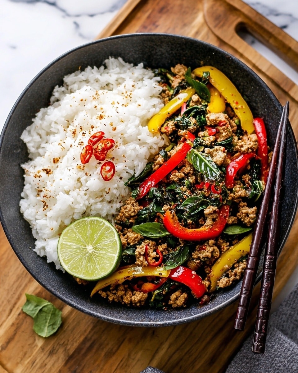 A dark bowl holds two main layers: on the right side, plain white rice with soft, separated grains, and on the left side, a colorful stir-fry of small beige meat pieces mixed with bright red and yellow pepper strips, green leafy herbs, and some sliced green onions, all sprinkled with red chili flakes. A fresh lime half with sprinkled chili rests on the edge of the stir-fry side. Two metal chopsticks lay across the top edge of the bowl. The bowl sits on a white marbled surface with a soft gray cloth nearby. Photo taken with an iphone --ar 4:5 --v 7