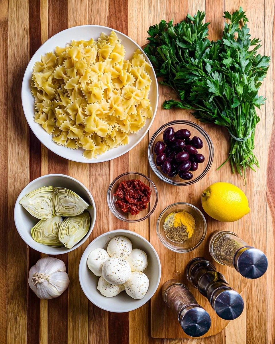 A white plate filled with uncooked yellow farfalle pasta sits on a wooden surface. To the right, a wooden board holds a bunch of fresh green parsley, a small glass bowl of dark purple olives, and a small glass bowl of red sun-dried tomatoes. Below the plate, two white bowls contain light green artichoke hearts and white mozzarella balls with black pepper on top. On the wooden surface, there is a whole yellow lemon, a bulb of garlic, a small glass bowl with yellow mustard, two small metal bowls with red pepper flakes and dried herbs, and two squeeze bottles with clear and dark liquids. Photo taken with an iphone --ar 4:5 --v 7