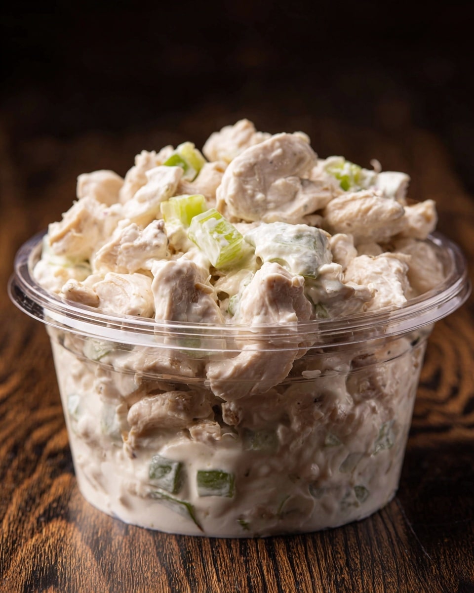 A clear plastic container filled with a creamy chicken salad made of multiple chunks of light beige chicken mixed with small pieces of green celery, all coated in a thick creamy white dressing. The salad has a soft, slightly chunky texture with visible celery bits scattered throughout, sitting on a dark wooden surface with a blurry dark background. photo taken with an iphone --ar 4:5 --v 7