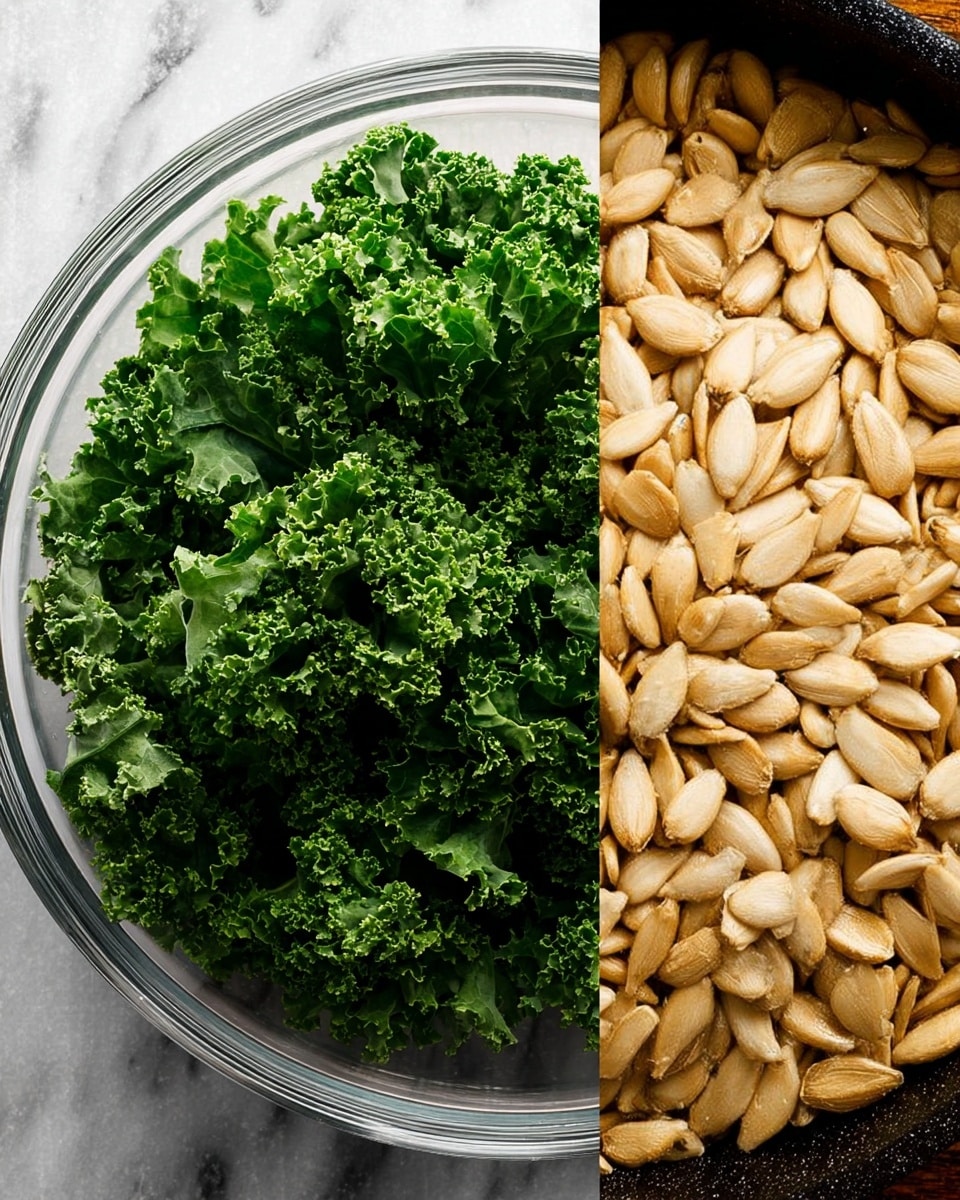 The image shows two separate food items side by side. On the left, there is a clear bowl filled with fresh, curly green kale leaves, showing a rich green color and a textured, slightly crinkled surface. The bowl sits on a white marbled texture. On the right, there is a close-up of a black pan filled with light golden toasted sunflower seeds, showing a smooth and slightly shiny surface with some seeds darker from toasting. photo taken with an iphone --ar 4:5 --v 7