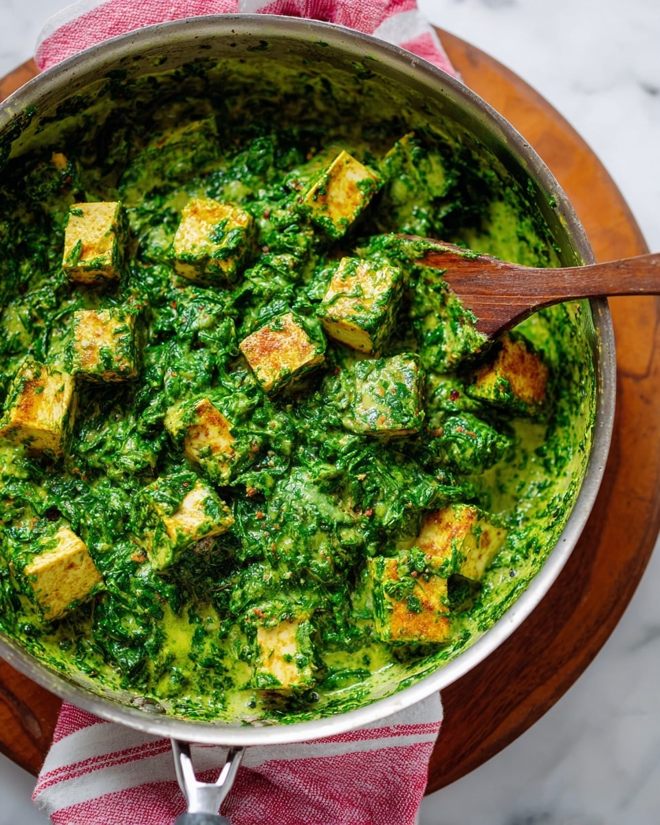 A close-up view of a silver frying pan filled with a creamy green spinach sauce mixed with several golden-brown cubes of tofu, each cube evenly coated with the vibrant green sauce. The pan sits on a round wooden board against a white marbled surface, with a wooden spoon partially visible on the right side, covered slightly in the green spinach mixture. A pink cloth with white stripes is seen under the board, adding a touch of color contrast. Photo taken with an iphone --ar 4:5 --v 7