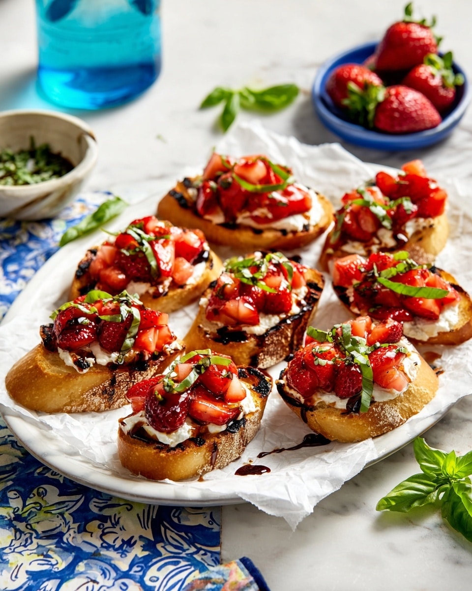 A white plate lined with crumpled white parchment paper holds nine slices of toasted baguette arranged close to each other. Each toast has three layers: a base layer of golden toasted bread with visible charred grill marks, a thick spread of creamy white cheese in the middle, and a generous topping of bright red, chopped strawberries mixed with thin strips of fresh green basil on top. A dark balsamic glaze is drizzled over the strawberries, adding contrast. Around the plate, whole strawberries and green basil leaves are scattered on a white marbled surface with a blue and white patterned cloth partially visible. A small blue bowl with chopped herbs and a blue glass of water sit blurred in the background. Photo taken with an iphone --ar 4:5 --v 7