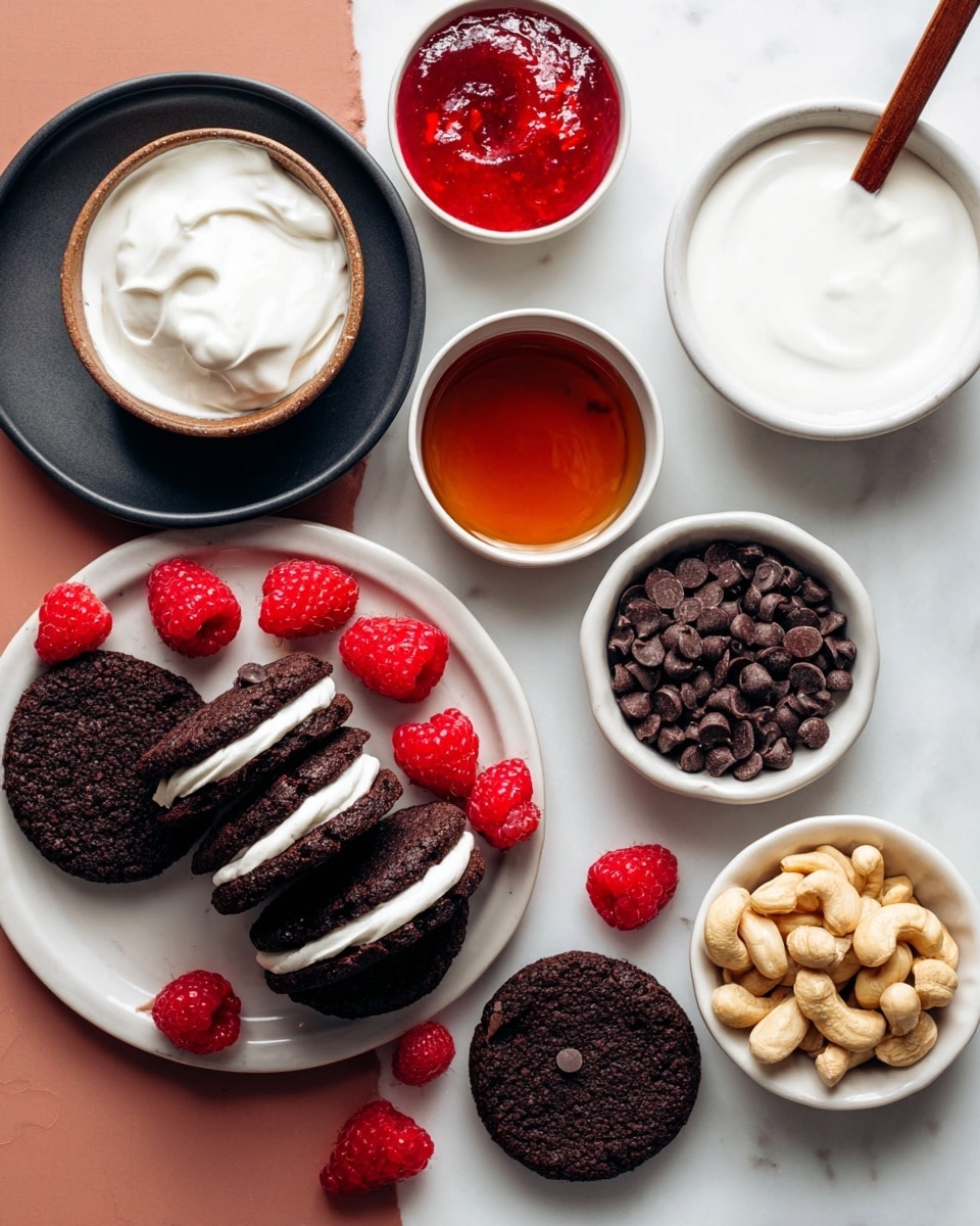 The image shows a flat lay of dark chocolate cookies with white filling on one side of a white plate, alongside fresh red raspberries scattered around. Next to them, there is a small white bowl filled with creamy white yogurt or sauce with a wooden spoon inside. Above that, there is a dark plate holding a small white bowl with a brown syrupy liquid, another small white bowl with bright red jam, and a small bowl of whole cashews. A round white dish holds a pile of dark chocolate chips. The background is a white marbled texture. Photo taken with an iphone --ar 4:5 --v 7
