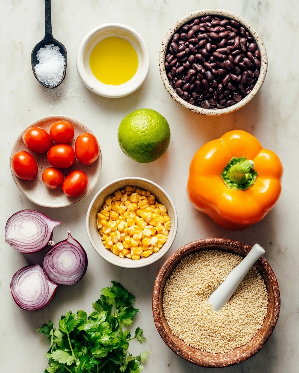 The image shows fresh cooking ingredients arranged neatly on a white marbled surface. From left to right, there is a small black spoon with coarse salt, a small white bowl filled with yellow olive oil, a bright green lime, and a light beige bowl with black beans. Below, there are bright red cherry tomatoes with green stems, two halves of a purple onion showing white inner layers, a white bowl filled with yellow corn kernels, a small bunch of fresh green cilantro, a glossy orange bell pepper, and a rustic brown bowl filled with white quinoa grains with a white ceramic spoon resting inside. The colors are bright and fresh, showing the natural texture of each ingredient clearly. Photo taken with an iphone --ar 4:5 --v 7