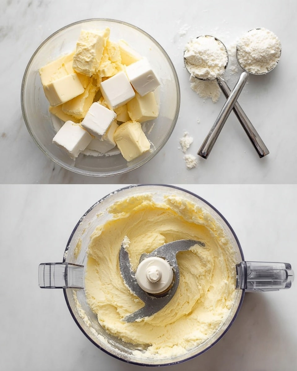 The image shows two clear food processor bowls on a white marbled surface. In the left bowl, there are several chunks of pale yellow butter and white cream cheese placed in the center. Above the bowl, two metal measuring spoons with white ingredients sit on the surface. The right bowl shows a creamy mixture with a pale yellow, smooth, and slightly fluffy texture, still attached to the food processor blade in the center. The bowls have a transparent lid and the blades are silver metal. Photo taken with an iphone --ar 4:5 --v 7