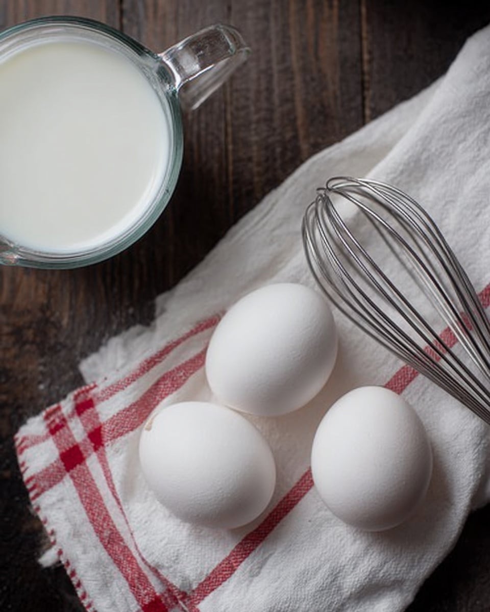 The image shows a close-up of four white eggs placed on a white cloth with red stripes, next to a metal whisk positioned on the right side. To the left, there is a glass measuring cup filled with white liquid, possibly milk. All items are arranged on a dark wooden surface replaced visually by a white marbled texture. The scene has a simple and clean look, focusing on the raw ingredients and tools for cooking or baking. Photo taken with an iphone --ar 4:5 --v 7