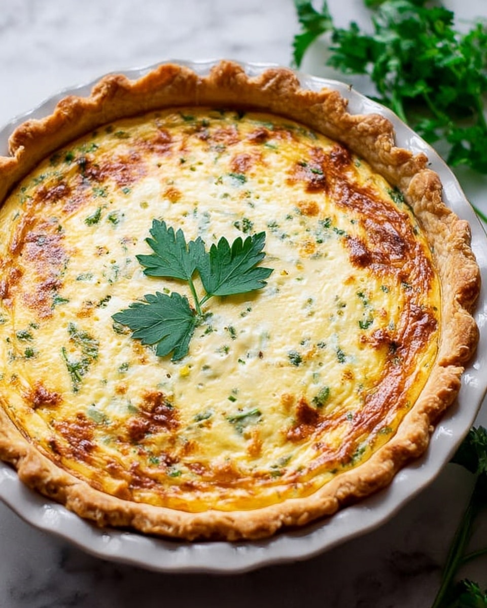 The image shows a round quiche with a golden-brown crust that has a slightly crimped edge. The filling is creamy and pale yellow, with lightly browned spots on the surface indicating it is baked. There are small green herb pieces scattered through the filling, giving it a speckled look. On top, two flat green parsley leaves are placed in the middle for decoration. The quiche is in a white ceramic pie dish sitting on a white marbled surface, with a few green parsley leaves visible in the background. Photo taken with an iphone --ar 4:5 --v 7
