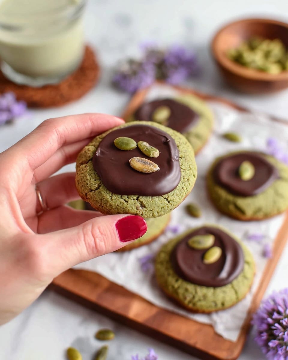 The image shows a close-up of a round cookie with a greenish texture, held by a woman's hand with red nail polish on her nails. The cookie has a smooth dark brown chocolate layer in the center, topped with a few small green pumpkin seeds. In the background, more cookies with the same layers lie on white parchment paper on a wooden board. Some purple flowers and green pumpkin seeds are scattered around. There is a glass cup on a brown coaster and a wooden bowl filled with green seeds blurred in the far background, all placed on a white marbled surface. photo taken with an iphone --ar 4:5 --v 7