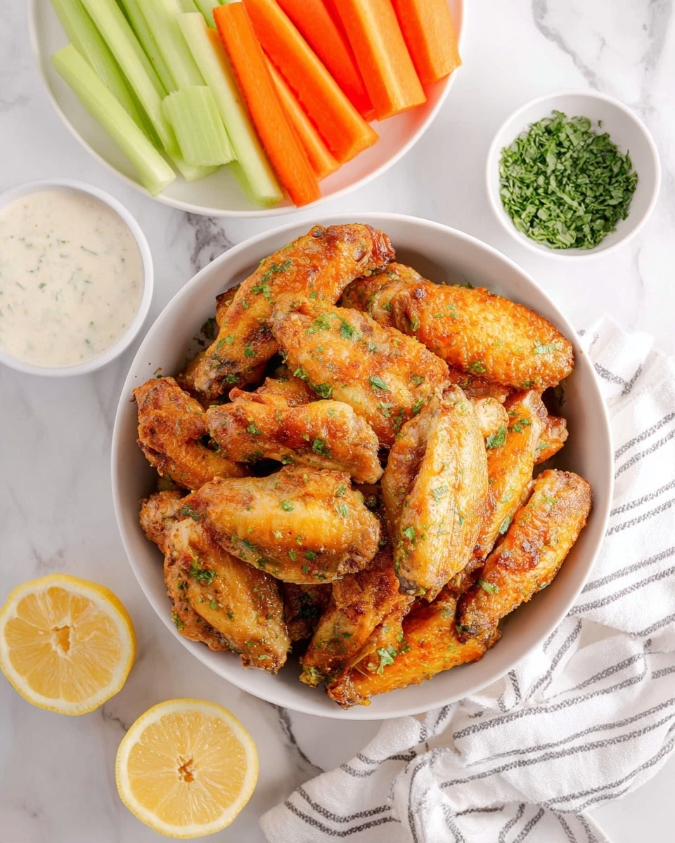 The image shows a white plate full of golden brown crispy chicken wings with a light sprinkle of green herbs on top. Next to it, a white bowl contains creamy white dipping sauce, with one chicken wing dipped inside. To the right, there is a white bowl with fresh green celery sticks and orange baby carrots. At the bottom left corner, a lemon half is partly visible on a white marbled surface. A white and blue striped cloth is placed near the bottom left edge. The whole scene is bright and clean with a white marbled background photo taken with an iphone --ar 4:5 --v 7
