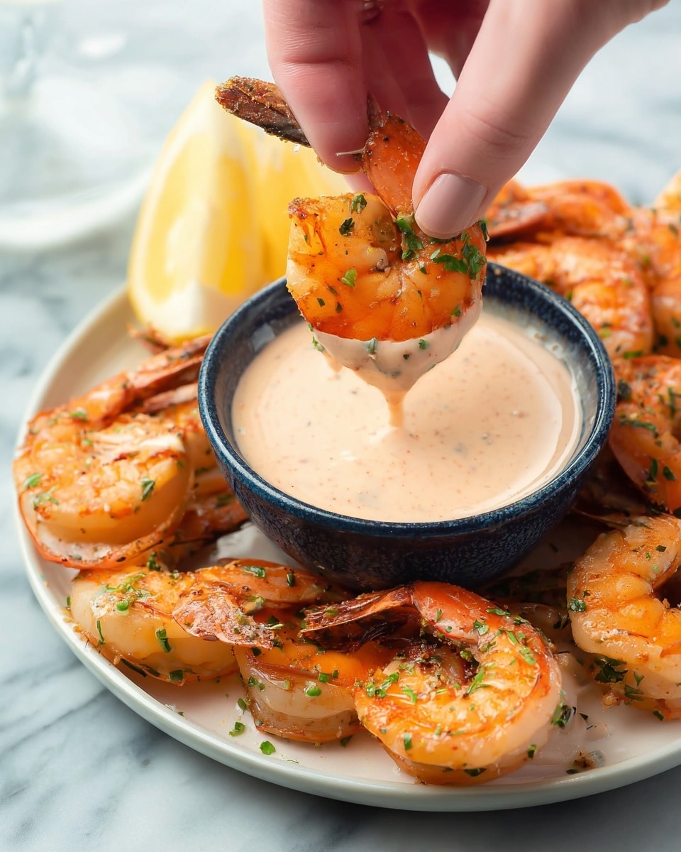 A woman's hand is holding an orange shrimp with green herb bits, dipping it into a small dark blue bowl filled with light pink creamy sauce. The bowl sits on a white plate piled with more shrimp, all orange with herbs and a slightly charred texture. A lemon wedge peeks from the plate's edge. The whole scene is set on a white marbled surface. photo taken with an iphone --ar 4:5 --v 7