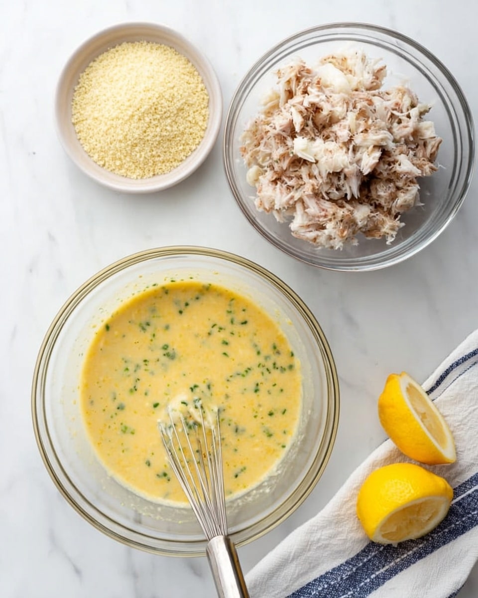 The image shows three clear glass bowls on a white marbled surface. The largest bowl at the bottom center holds a yellow creamy mixture with green specks, stirred with a silver whisk inside. Above it to the right is a medium bowl filled with white crab meat chunks mixed with brown tuna flakes. To the left of this bowl is a small bowl with a handful of pale yellow breadcrumbs. On the bottom right corner, two lemon halves and a white and blue striped cloth are partly visible. Photo taken with an iphone --ar 4:5 --v 7