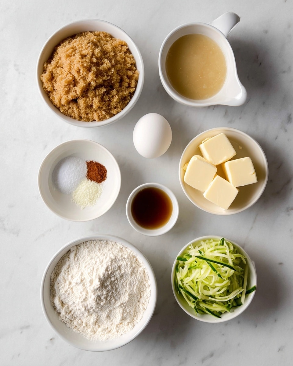 The image shows seven white bowls and one white plate arranged on a white marbled surface, each holding different ingredients. At the top left is a bowl filled with light brown sugar with a crumbly texture. To the right is a small spouted bowl of light beige liquid, likely applesauce. Below the sugar bowl is a white egg sitting alone on the surface. Next to the egg is a very small white bowl containing a dark amber liquid, possibly vanilla extract. Below the vanilla is a small white bowl with white powder and a small pile of reddish-brown spice on top. To the right of that is a bowl with several small cubes of pale yellow butter. At the bottom left is a large bowl filled with fine white flour. Finally, at the bottom right is a small spouted bowl holding shredded green zucchini with a moist texture. The setting is clean and bright, with all items neatly spaced. Photo taken with an iphone --ar 4:5 --v 7