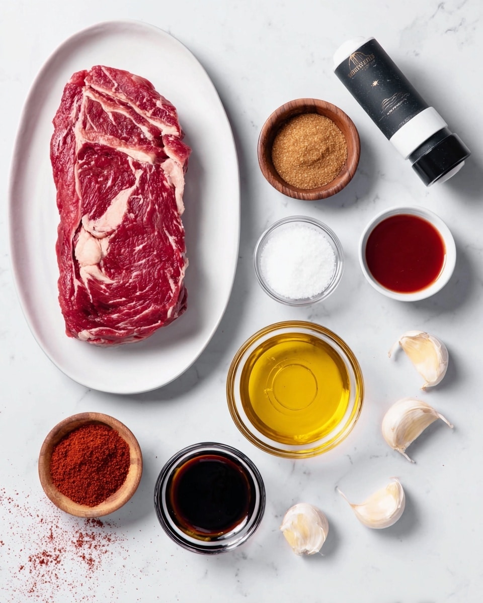 The image shows a raw piece of red meat with white fat marbling, placed on a white oval plate in the top left area. Around the plate on a white marbled surface, there are several small containers and ingredients arranged neatly: a small wooden bowl with red powder on the bottom left, a white small bowl with olive oil at the bottom center, a small clear bowl with brown sugar near the center, another clear bowl with a dark liquid below the brown sugar, a small wooden bowl with a dark paste or sauce placed above the brown sugar, a small white bowl with a red liquid in the top right, a black and white spice bottle on the right, and four peeled garlic cloves scattered on the left side near the red powder and red flakes in a small container. photo taken with an iphone --ar 4:5 --v 7
