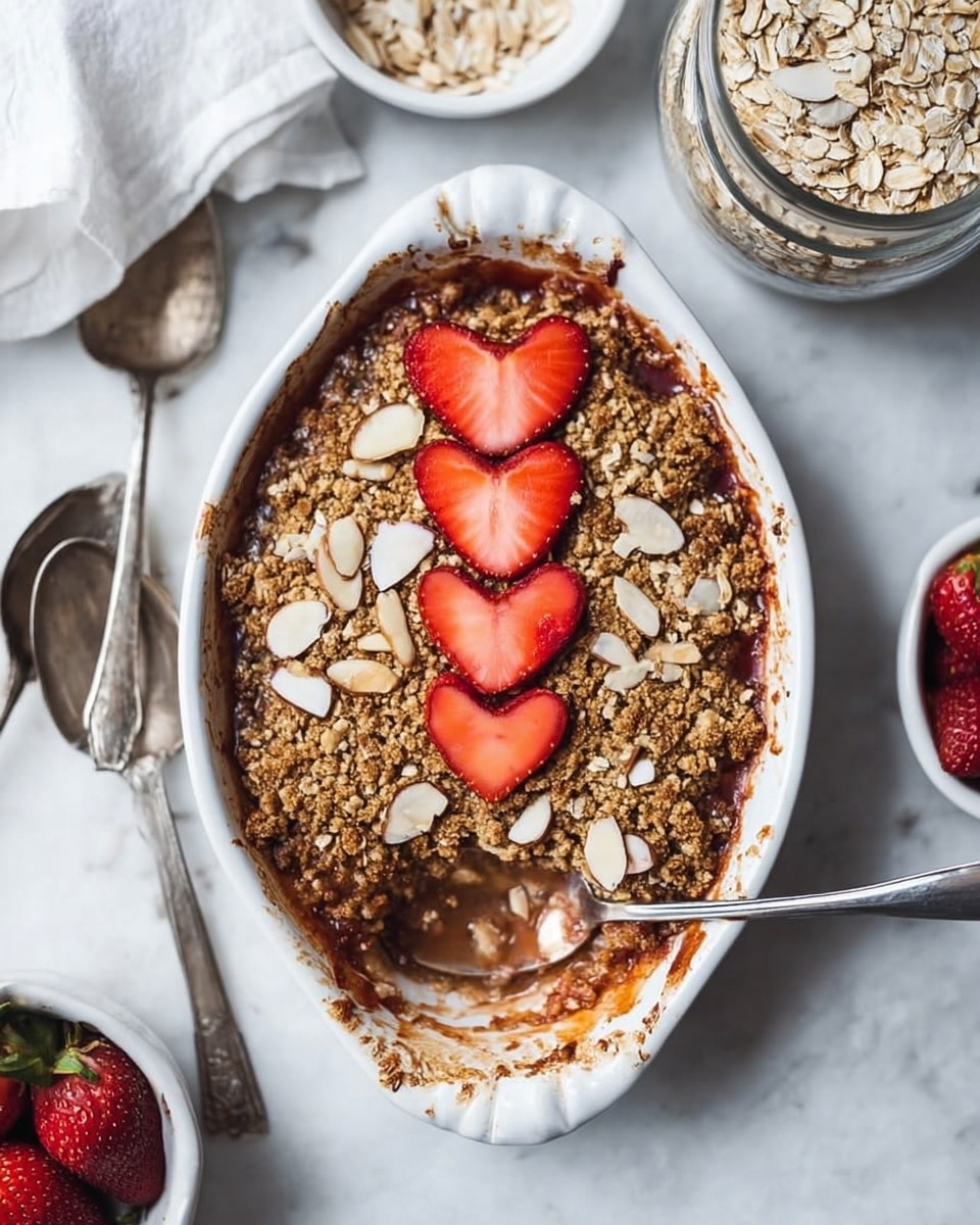 The dish is a baked crumble served in a white oval ceramic dish with a slightly messy edge showing some baked sauce. The top layer is golden brown oat crumble with a coarse, crumbly texture, scattered generously with light tan almond slices. On top of the crumble, there are five bright red strawberry slices cut into heart shapes, arranged mostly in a line across the center. The dish is placed on a white marbled surface with a silver spoon inside resting on the edge. Surrounding the dish are bowls and a glass jar filled with rolled oats and almond slices, adding a natural grainy background. Two tarnished vintage spoons lay to the side. photo taken with an iphone --ar 4:5 --v 7