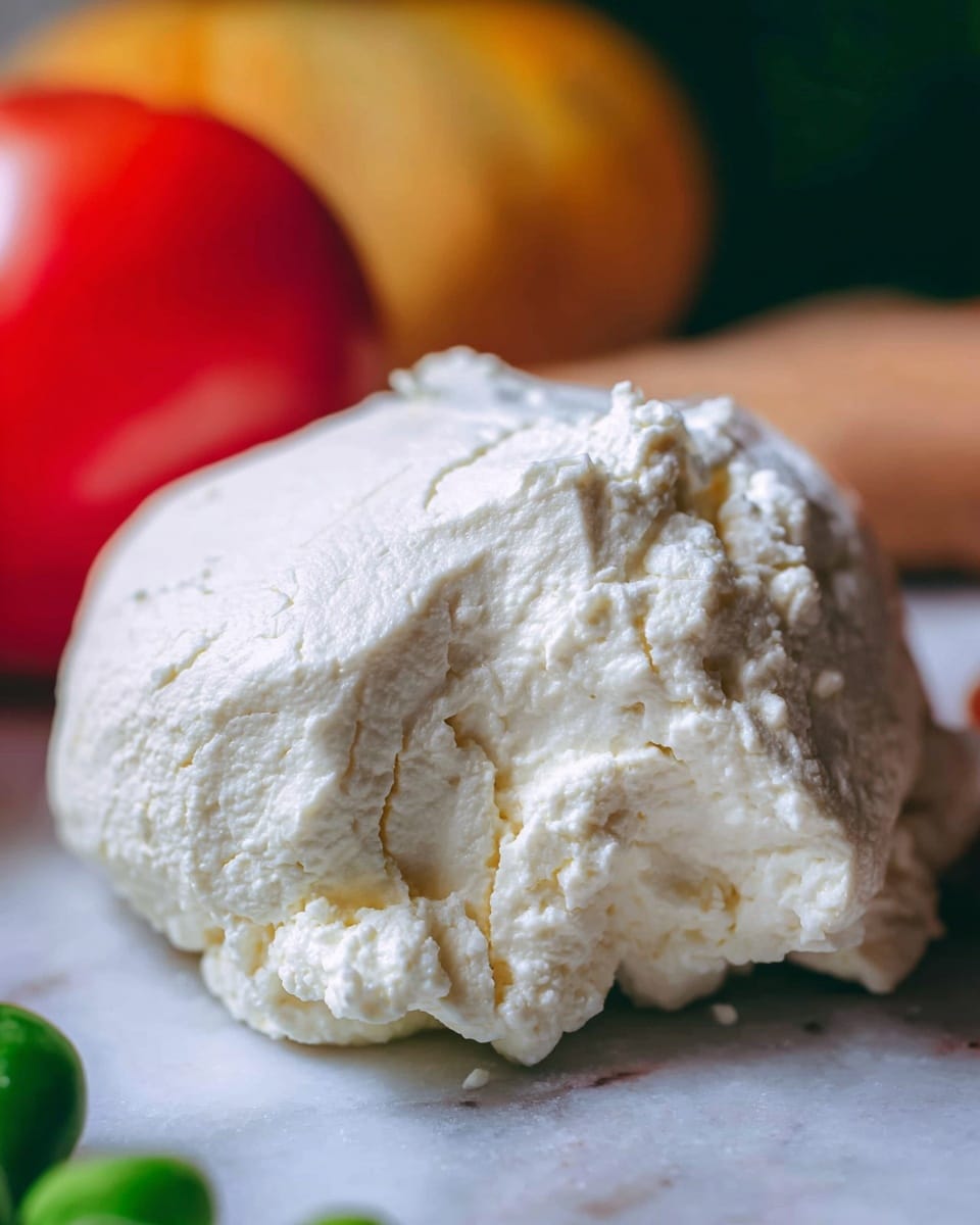 A close-up image of a large mound of soft white cheese with a crumbly texture, sitting on a white marbled surface. Behind it, there is a blurred bright red tomato and a yellowish round vegetable, adding warm colors to the background. The cheese shows natural roughness and small cracks on its white surface, making it look fresh and moist. There is also a small green object slightly visible at the front bottom, giving a slight contrast. Photo taken with an iphone --ar 4:5 --v 7
