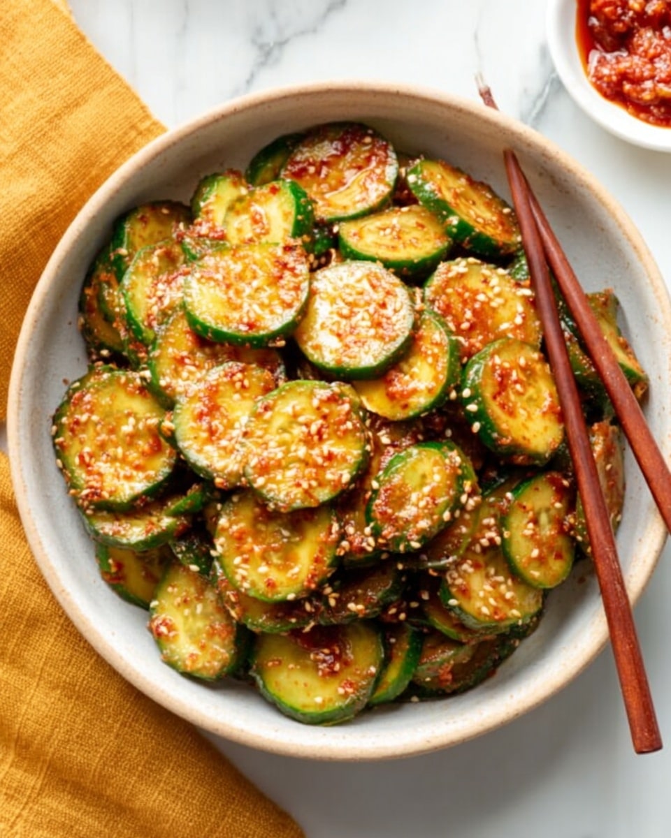 A round white bowl filled with many cucumber slices coated in a shiny, reddish-brown sauce with sesame seeds sprinkled on top. The cucumber slices are thick and slightly glossy, stacked loosely in the bowl. Two wooden chopsticks rest on the right edge of the bowl, partially inside the cucumber mix. The bowl sits on a white marbled surface with a small glimpse of a mustard-yellow cloth on the left side. In the background, there is a small white dish with a red sauce visible at the top right corner. photo taken with an iphone --ar 4:5 --v 7