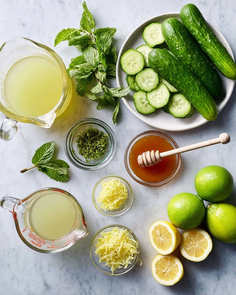 This image shows several fresh and prepared ingredients placed neatly on a white marbled surface. On the top right, a white plate holds whole green cucumbers and round cucumber slices. Below it, squeezed lemon halves with bright yellow tones sit next to finely shredded lemon zest in a small glass bowl. There are two small glass containers, one with green herbs and the other with a light brown honey, which has a wooden honey dipper resting inside. On the left side, a clear glass measuring cup contains a pale yellow liquid, and beside it, halved and whole limes show their juicy interior. A large glass pitcher filled with a light yellow mixture is positioned near the top left corner. Fresh green mint leaves add texture near the center. Everything contrasts well with the white marbled surface below. photo taken with an iphone --ar 4:5 --v 7
