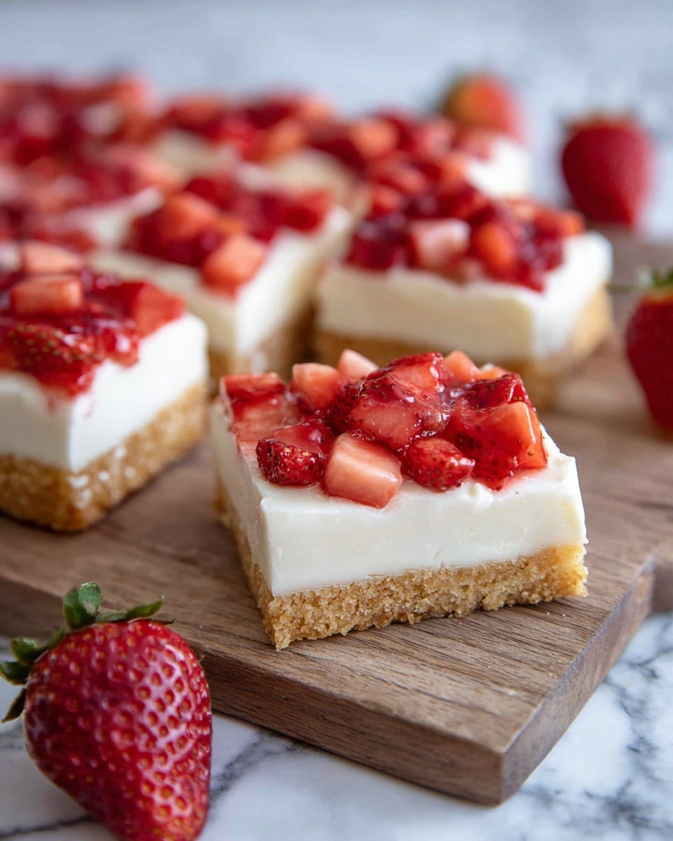 The image shows a dessert bar cut into square pieces with three clear layers: the bottom layer is a golden-brown, textured crust; the middle layer is smooth and creamy white frosting evenly spread over the crust; the top layer is made of chopped, bright red strawberries with visible seeds, scattered in small chunks, mostly over one corner of each piece. The dessert rests on a wooden board placed on a white marbled surface, with whole strawberries around it for decoration. Photo taken with an iphone --ar 4:5 --v 7