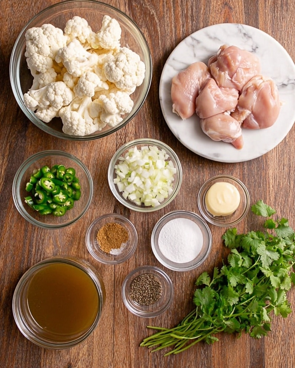 A top-down view of a wooden table showing several glass bowls and a white plate, each holding different cooking ingredients for a meal. The white plate in the top right center has four pieces of raw pink chicken thighs with smooth texture. To the left, a large glass bowl is filled with white cauliflower florets, showing a rough, natural texture. Small glass bowls are arranged around the chicken and cauliflower: one with chopped white onion pieces, another with minced garlic, a bowl with fresh green chopped jalapeños, a small bowl of brown powder spice, another with black pepper, a bowl with white salt, and a small bowl containing a light yellow-colored paste or dollop. A bunch of fresh green cilantro lies on the right side of the row of ingredients. In the front left corner, a glass jar is filled with a brown liquid, likely broth or sauce. The surface beneath everything is a white marbled texture. photo taken with an iphone --ar 4:5 --v 7