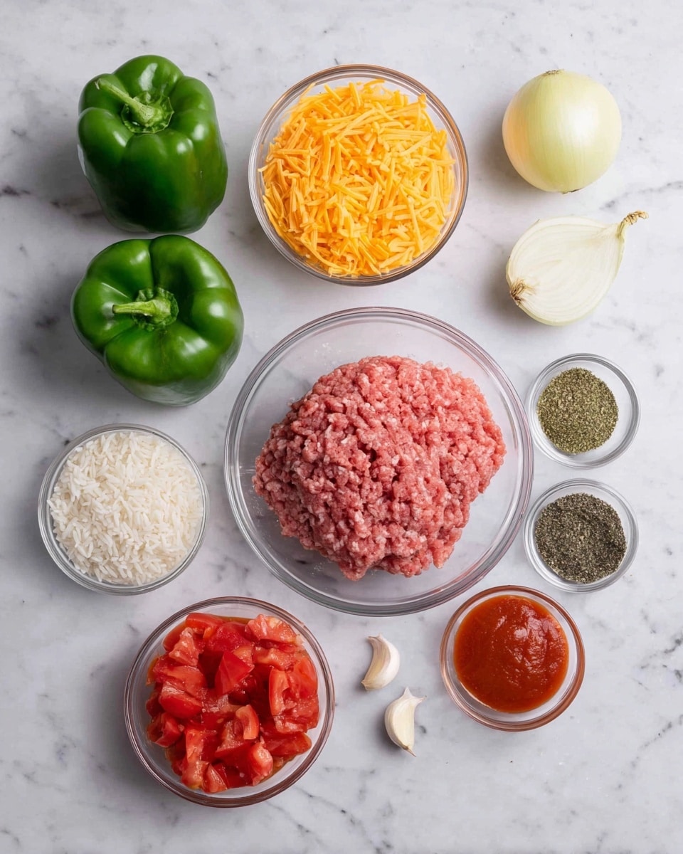 The image shows ingredients arranged on a white marbled surface. There are two green bell peppers on the left side, one whole and one with three rounded sections visible. Above the peppers, there is a small clear bowl filled with shredded orange cheese. Next to that is a larger clear bowl with raw ground meat that is pink and slightly textured. Below the meat bowl, there is a smaller clear bowl with uncooked white rice. Two cloves of garlic are placed near the center. To the right of the garlic and rice, there is a peeled yellow onion and a very small clear bowl with a small amount of red tomato paste. Above that bowl, there is another tiny white bowl holding two piles of dry herbs and spices—one green and the other black. Below the peppers and cheese is a medium clear bowl filled with diced red tomatoes in sauce. The whole setup is neat and well spaced. Photo taken with an iphone --ar 4:5 --v 7