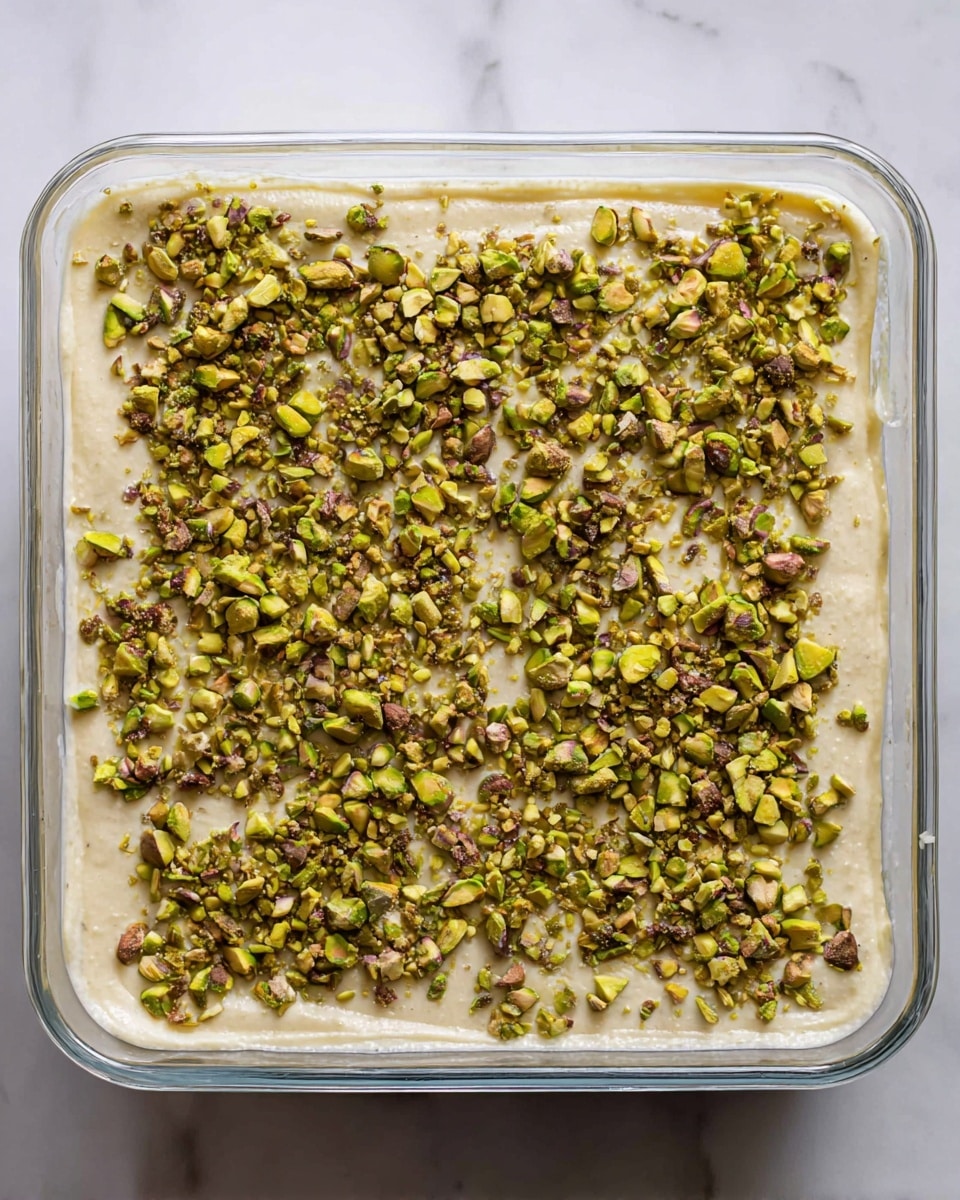 A glass square dish filled with a single thick layer of creamy light beige batter, topped with a generous spread of roughly chopped green pistachio nuts scattered evenly across the surface. The dish is placed on a white marbled background, highlighting the texture and color contrast between the smooth batter and the crunchy pistachios. Photo taken with an iphone --ar 4:5 --v 7