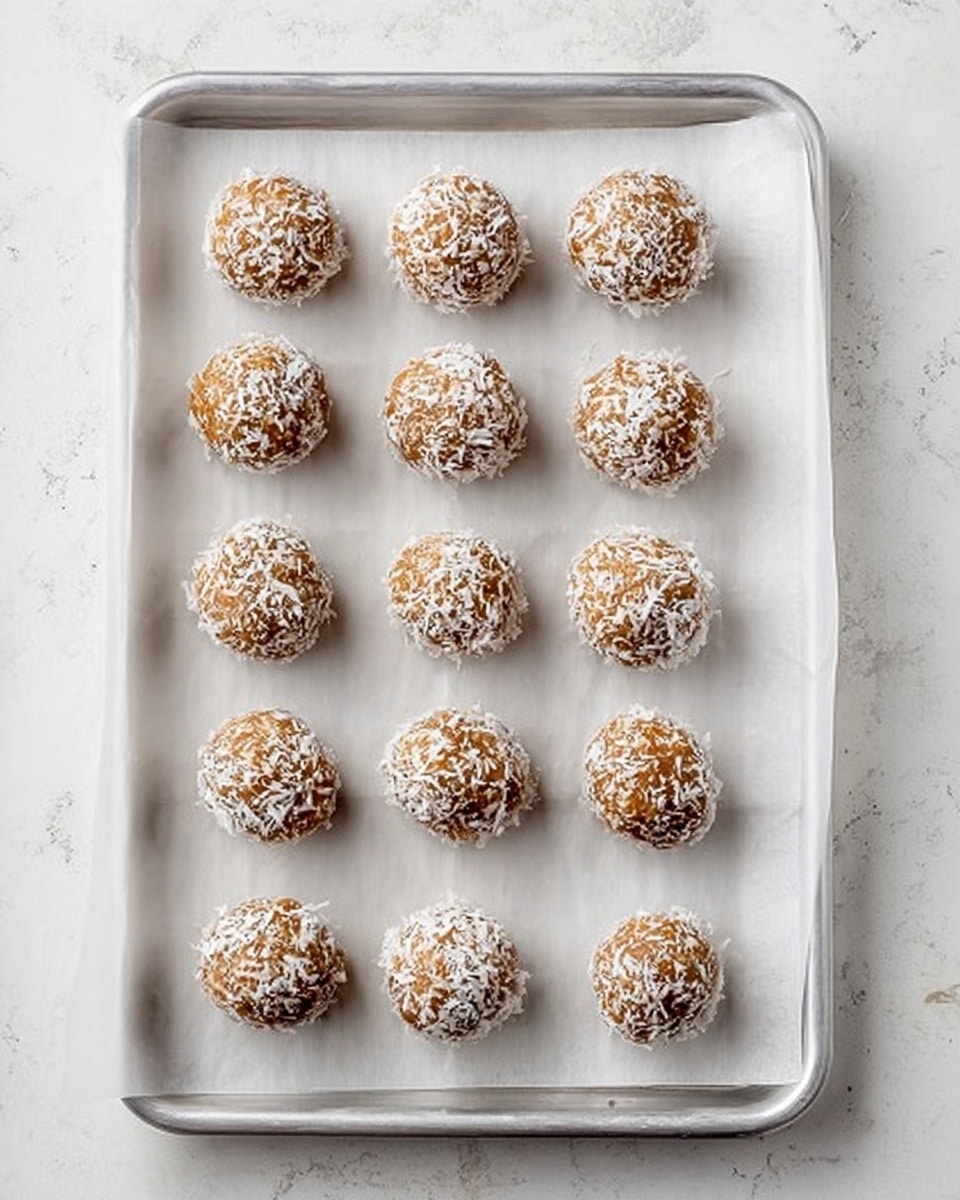 The image shows a metal tray lined with white parchment paper on a white marbled surface. On the tray, there are 16 round balls arranged in four rows and four columns. Each ball has a light brown color and is covered with a layer of white coconut flakes, giving them a rough texture. The balls look soft and slightly uneven in shape, and they are spaced evenly with enough room between them. Photo taken with an iphone --ar 4:5 --v 7