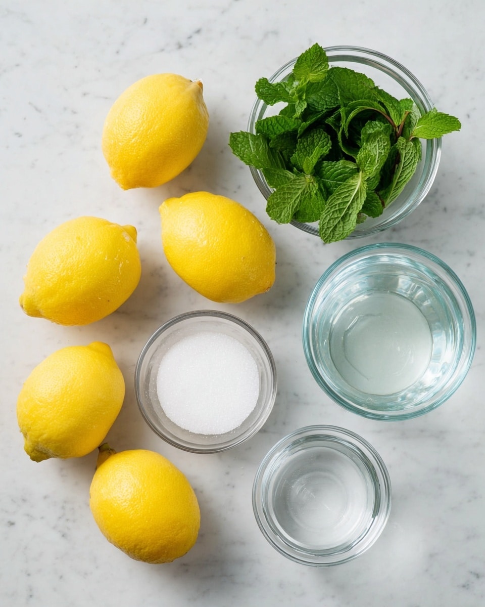 The image shows six bright yellow lemons arranged in two rows on a white marbled surface. Around the lemons, there are four clear glass bowls: one with fresh green mint leaves, one filled with white sugar, one with water, and a small empty glass bowl. The colors stand out clearly against the clean white background. The scene is simple and fresh, highlighting the natural ingredients. Photo taken with an iphone --ar 4:5 --v 7