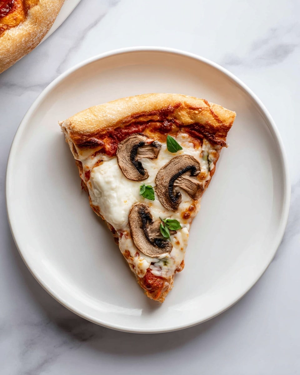 A single slice of pizza is placed in the center of a plain white round plate on a white marbled surface. The pizza slice has a thick golden brown crust around the edges. The base layer is a reddish tomato sauce topped with melted white cheese that covers most of the slice. On top of the cheese, there are three pieces of brown mushroom slices and a few small green basil leaves scattered near the center and towards the edge of the slice. The cheese near the edge looks slightly browned and bubbly in some parts. Photo taken with an iphone --ar 4:5 --v 7