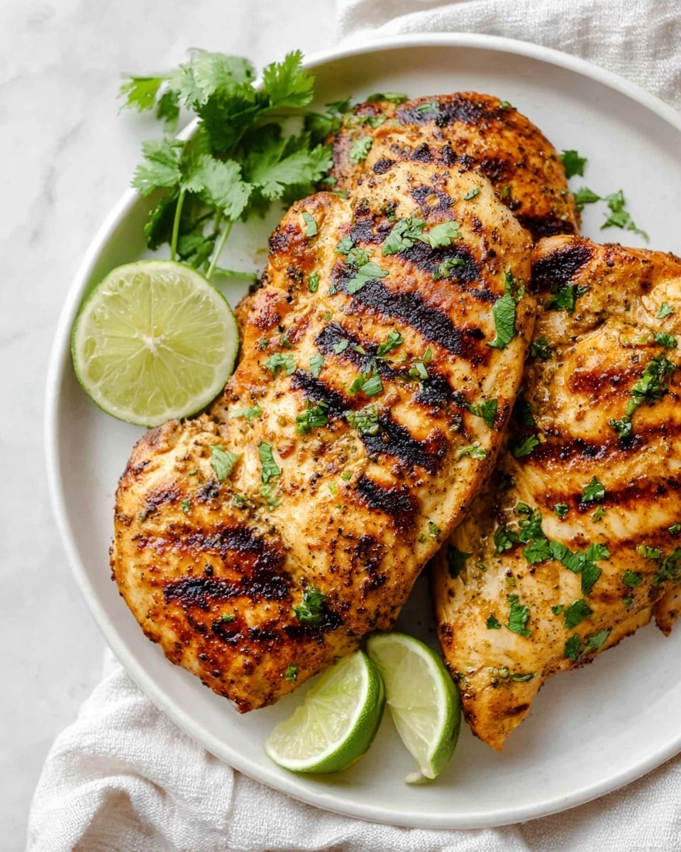 Three grilled chicken pieces with a golden brown color and visible grill marks are placed on a round white plate. The chicken is sprinkled with fresh green chopped cilantro leaves, adding a bright contrast. Two lime wedges with light green flesh and white edges are positioned on the side of the chicken. The plate rests on a slightly wrinkled white cloth, all set on a white marbled surface. photo taken with an iphone --ar 4:5 --v 7