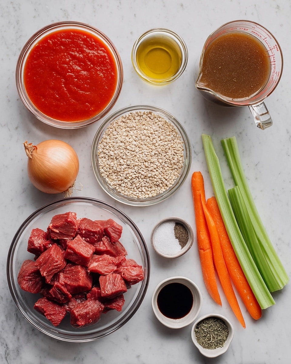 The image shows a white marbled surface with several clear bowls and ingredients arranged neatly. In the center, there is a glass bowl filled with chunks of red meat. To the left, a larger glass bowl is filled with thick red tomato sauce, and below it, a smaller bowl contains light-colored barley grains. A whole brown onion sits next to the barley. To the right of the meat, three orange carrots and three green celery stalks lie side by side. Further right, a large glass measuring cup is filled with brown broth. Above the meat, a small clear bowl contains golden olive oil, and next to it, another small bowl holds dark soy sauce. At the bottom right, one small bowl has mixed black pepper and salt while another holds dried herbs. photo taken with an iphone --ar 4:5 --v 7