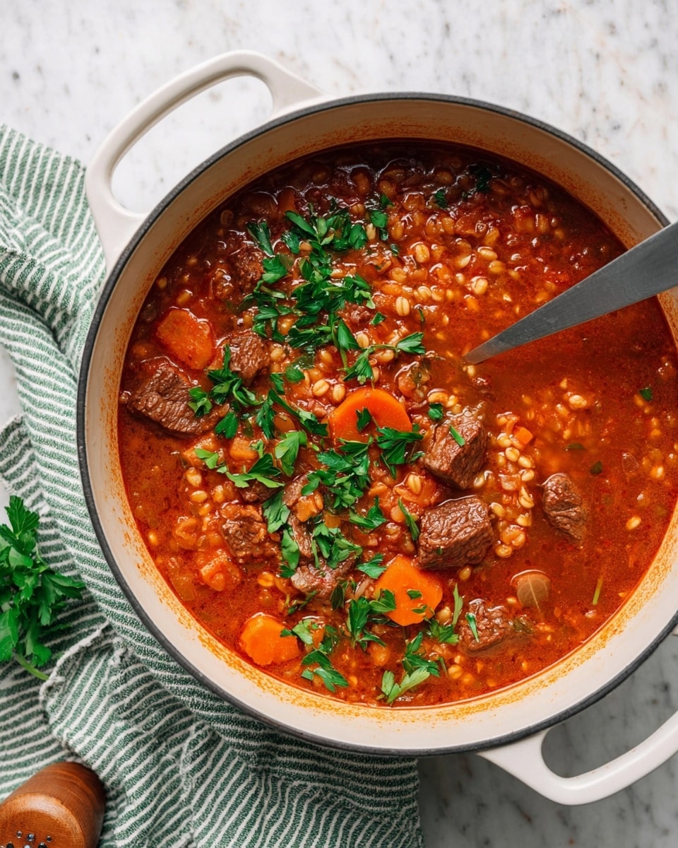 A white bowl filled with thick beef stew showing chunks of brown beef, orange carrot pieces, and small light brown barley grains all mixed in a rich reddish-brown sauce. The stew is topped with a few bright green parsley leaves scattered around. A silver spoon is partially dipped into the stew on the right side of the bowl. The bowl sits on a white marbled surface with a torn piece of light brown bread near the bottom left and some fresh parsley leaves on the bottom right. Part of another bowl with the same stew is visible at the top left corner and a green and white striped cloth is placed on the upper right. Photo taken with an iphone --ar 4:5 --v 7