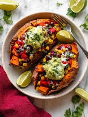 Black Bean Stuffed Sweet Potatoes with Guacamole and Vegan Sour Cream Recipe