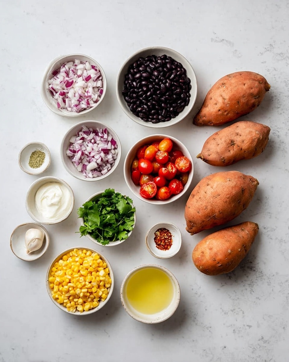 The image shows an organized top view of fresh ingredients on a white marbled surface. On the right side, there are four whole sweet potatoes with orange, rough skins. Nine small white bowls and one dark avocado surround the sweet potatoes. Starting from the top, one bowl is filled with dark black beans with a shiny texture. Below it, another bowl has bright red cooked cherry tomatoes with some herbs on top. To the left, a bowl holds finely chopped red onions with a slightly purple color. Underneath, a small bowl contains chopped green cilantro. At the bottom left, another bowl has yellow sweet corn kernels, and beside it is a bowl with thick white yogurt. Next to the yogurt bowl is a small bowl of light yellow oil, and another bowl with light yellow juice, possibly lemon. A single garlic clove and a tiny bowl of mixed salt and chili flakes complete the setup. The scene is clean, simple, and focused on fresh ingredients. photo taken with an iphone --ar 4:5 --v 7