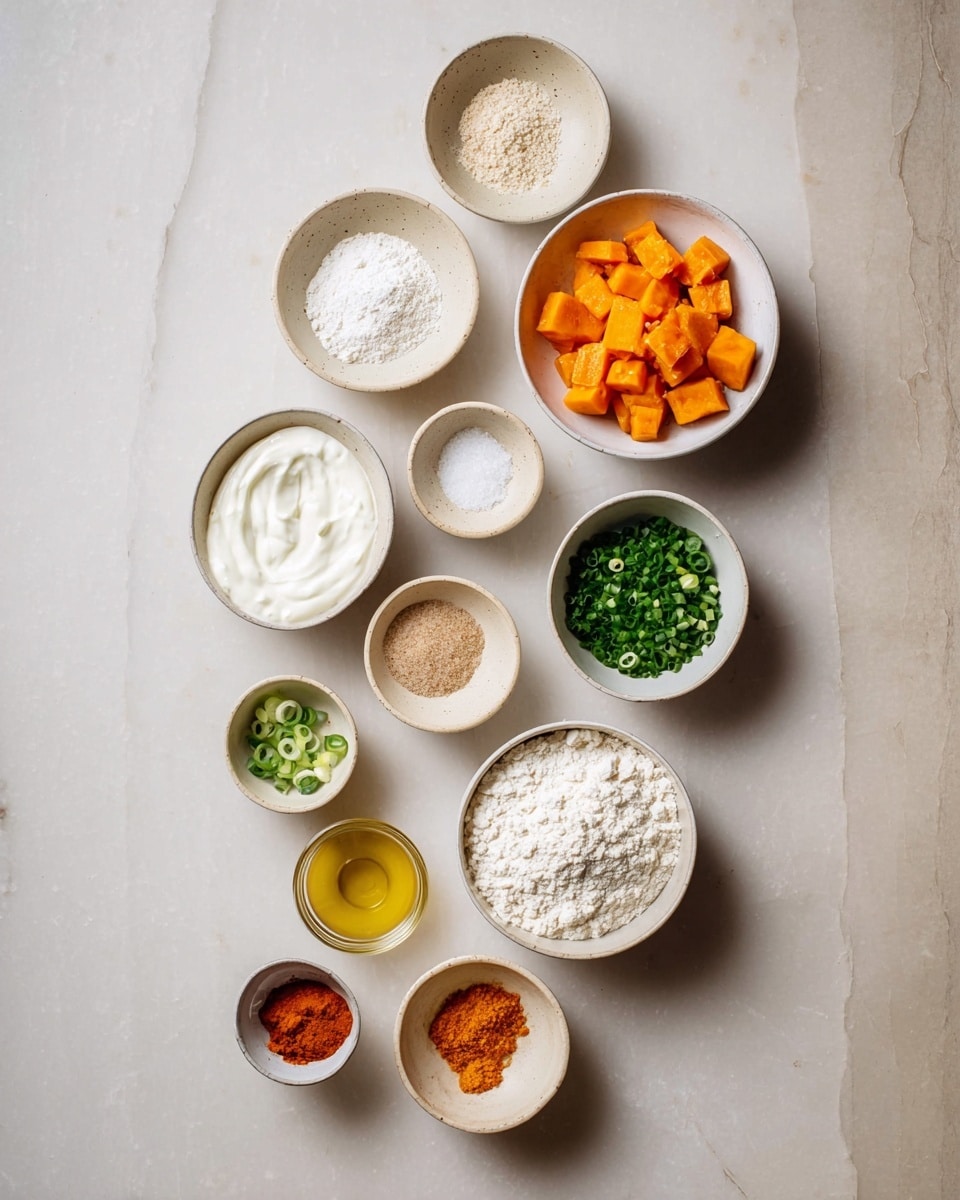 A vertical arrangement of eleven small white and beige bowls is displayed on a white marbled surface, each holding different ingredients. At the top right, a white bowl filled with bright orange cubed pieces, followed below by a larger white bowl containing white flour with a slight mound texture. To the left of the flour bowl, a small beige bowl with coarse salt, and below it, another small beige bowl with light brown powder. Further down on the left side, a white bowl holds creamy white yogurt, below which is a small beige bowl with chopped green onions. At the center, a white bowl packed with small chopped green herbs. To its right, a small beige bowl contains fine salt. Below and slightly left, a small glass bowl shows golden honey or oil, and beneath it, a small beige bowl with a heap of an orange spice mix. At the bottom left, another small beige bowl contains a red spice mix on white salt. All items are spaced evenly against the clean white marbled background. Photo taken with an iphone --ar 4:5 --v 7