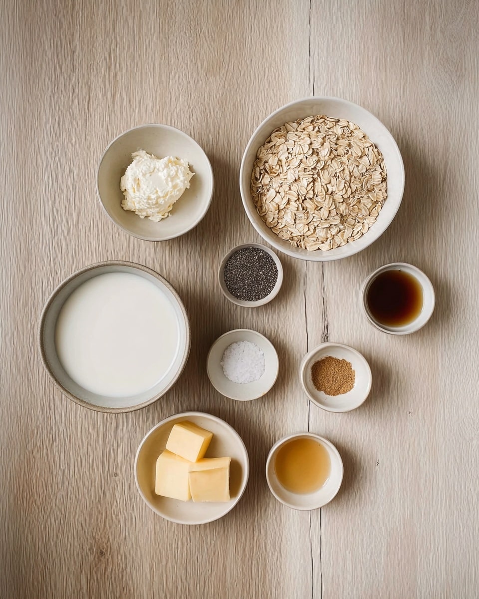The image shows eight small white bowls arranged on a light wood table with ingredients inside. The largest bowl at the bottom left is filled with a white liquid, likely milk or cream. Above it, a bowl has creamy white soft cheese or yogurt. To the right of that is a bowl filled with rolled oats, cream and light brown in color. Moving to the right, there is a bowl containing a dark liquid, maybe syrup or vanilla extract. Below it is a bowl with yellow butter slices. A smaller bowl next to it contains black chia seeds, and another small bowl near the bottom holds a light brown powder, possibly cinnamon. At the bottom center, there is a bowl with salt and another small bowl with a pale golden liquid, perhaps honey or syrup. The setup is clean and minimal on a light wooden table surface photo taken with an iphone --ar 4:5 --v 7