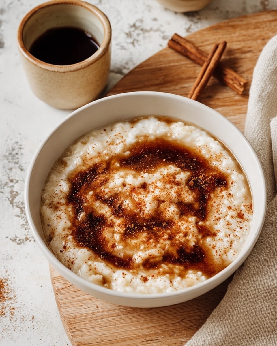 A white bowl filled with creamy rice pudding, its texture thick and slightly lumpy, topped with a swirl of dark brown cinnamon syrup and sprinkled with ground cinnamon which adds a warm reddish-brown color across the surface. The bowl sits on a light wooden table, near a small beige cup filled with dark liquid, a cinnamon stick, and a beige cloth, all adding a cozy feel. The background is a white marbled texture. photo taken with an iphone --ar 4:5 --v 7