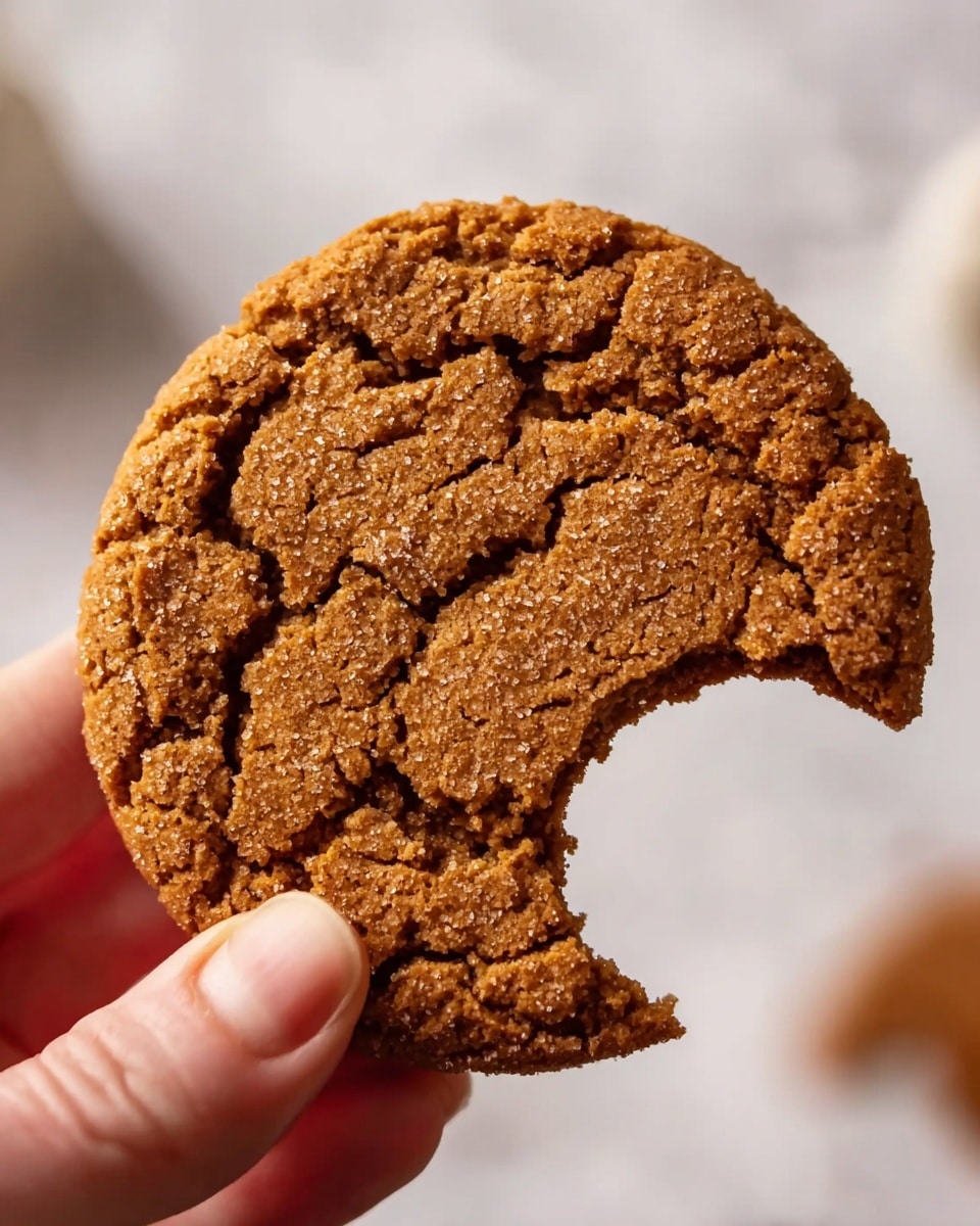 A close-up of a large, round cookie with a rough, cracked surface that is golden brown. One side of the cookie has a bite taken out, showing its slightly crumbly texture. The cookie is held by a woman's hand with visible fingers and thumb, and the background has a soft white marbled texture with blurred shapes suggesting more cookies or objects. photo taken with an iphone --ar 4:5 --v 7