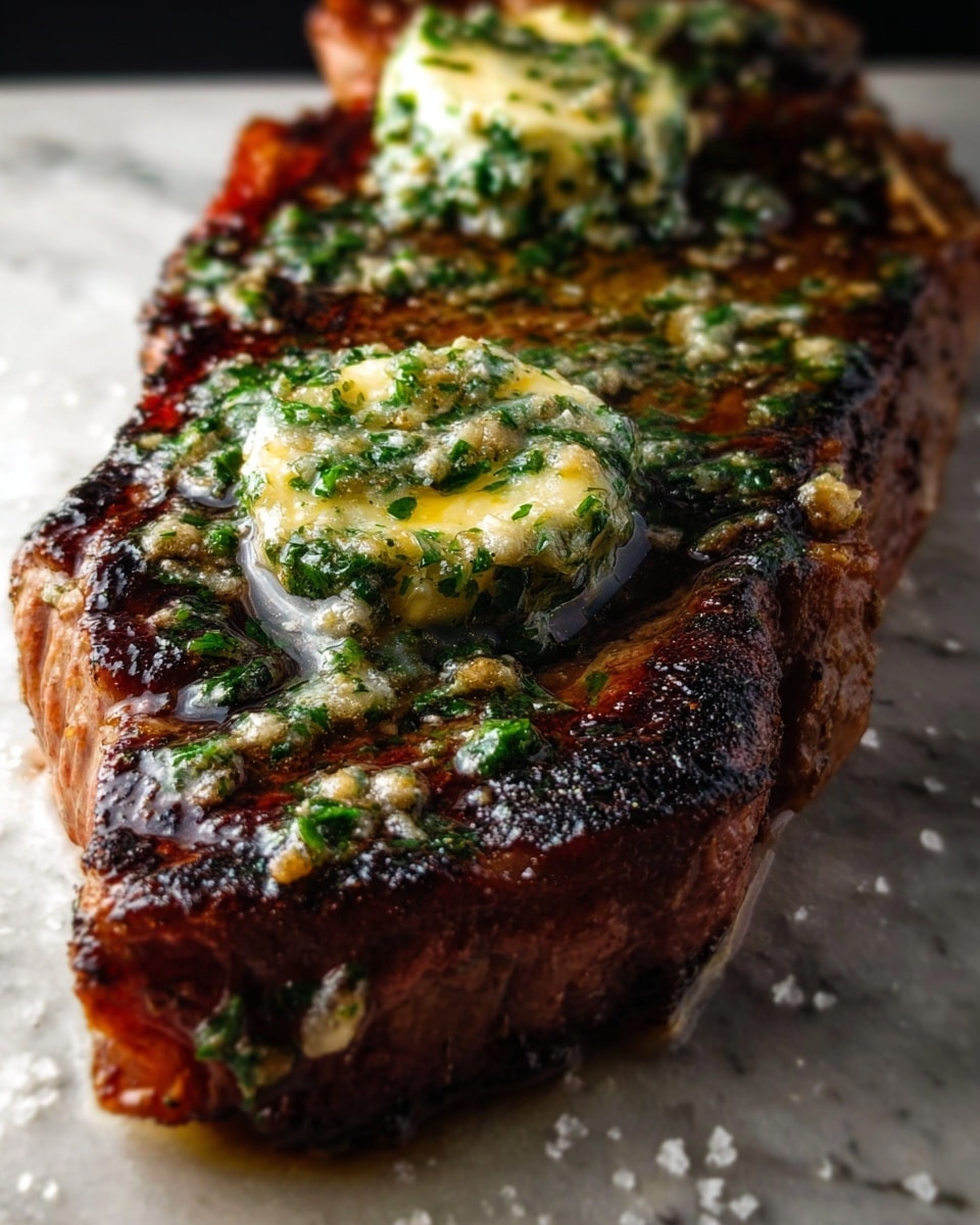 A close-up of a cooked steak with a dark, charred outer layer and juicy, brown inside. On top of the steak, there are two round dollops of melting herb butter with green bits of parsley and garlic pieces. The steak lies on a white marbled surface with small grains of salt scattered around it. Photo taken with an iphone --ar 4:5 --v 7