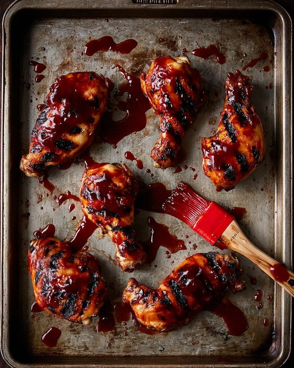 A metal baking tray holds six pieces of grilled chicken with a dark, shiny barbecue sauce glaze that drips and spreads across the tray. The chicken pieces vary in shape, including drumsticks and thighs, all showing charred grill marks and a rich red-brown sauce coating. A red brush with sauce rests on the tray near the bottom center, adding texture and depth to the visual. The tray has a worn metal look with small scratches and a stamped label on the right side. Photo taken with an iphone --ar 4:5 --v 7