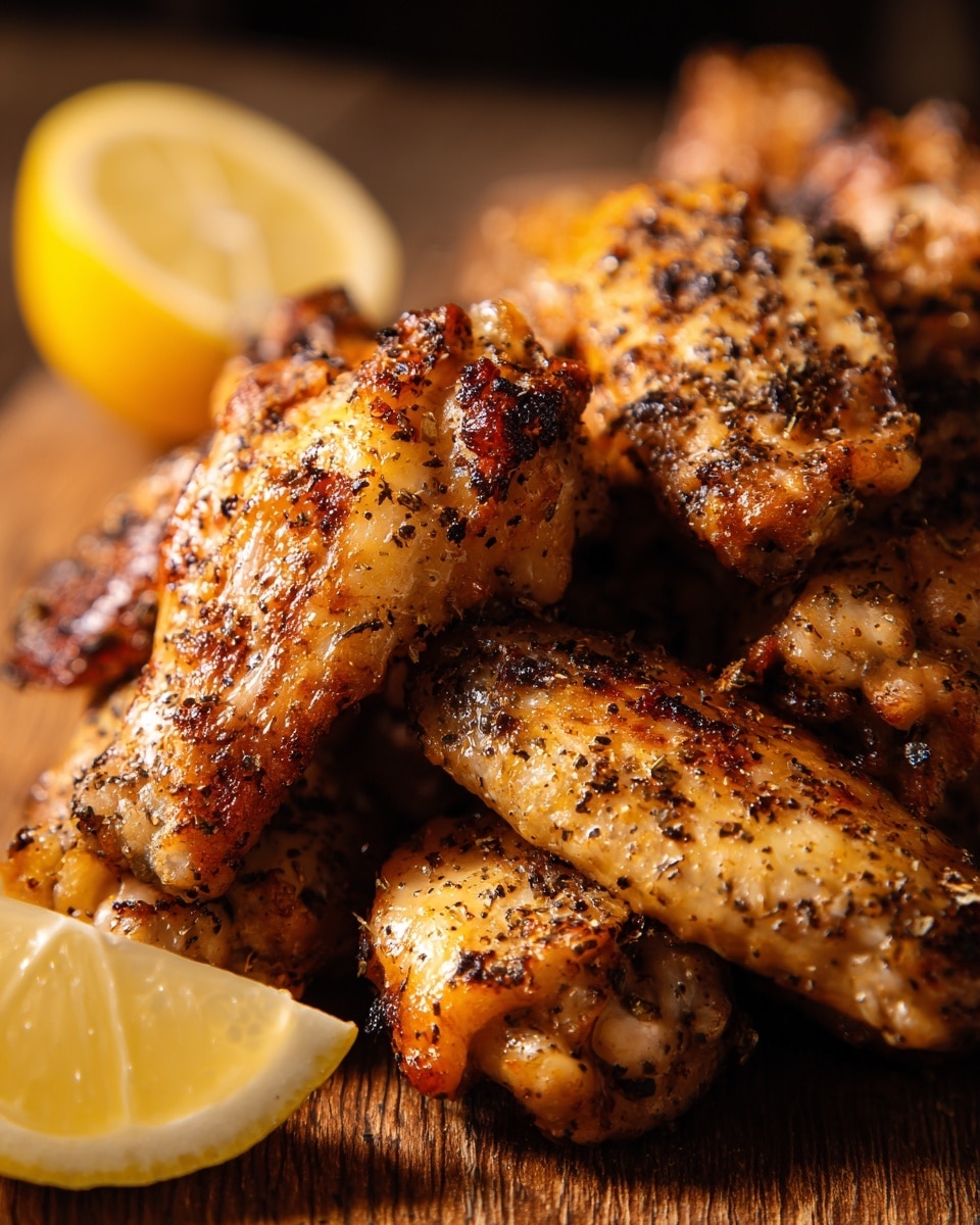 A pile of grilled chicken wings is shown on a wooden board, with six wings stacked close together. The wings have a golden-brown crispy skin speckled with black pepper and slight char marks. To the left side, there is one half of a lemon with bright yellow skin and juicy interior. The background surface is a white marbled texture. photo taken with an iphone --ar 4:5 --v 7