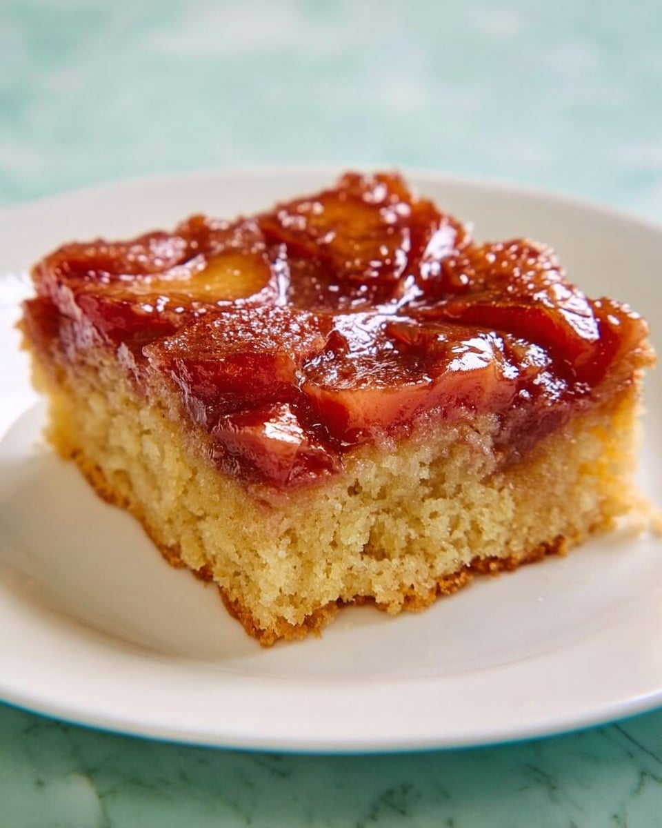 The image shows a square piece of dessert held by a turquoise spatula. The dessert has two layers: a thick, soft base layer that is light brown with a crumbly texture, and a shiny top layer made of sliced strawberries coated in a sticky, red glaze. The background consists of the rest of the dessert on a white marbled surface. The close-up focuses on the shiny top layer and the soft base. photo taken with an iphone --ar 4:5 --v 7