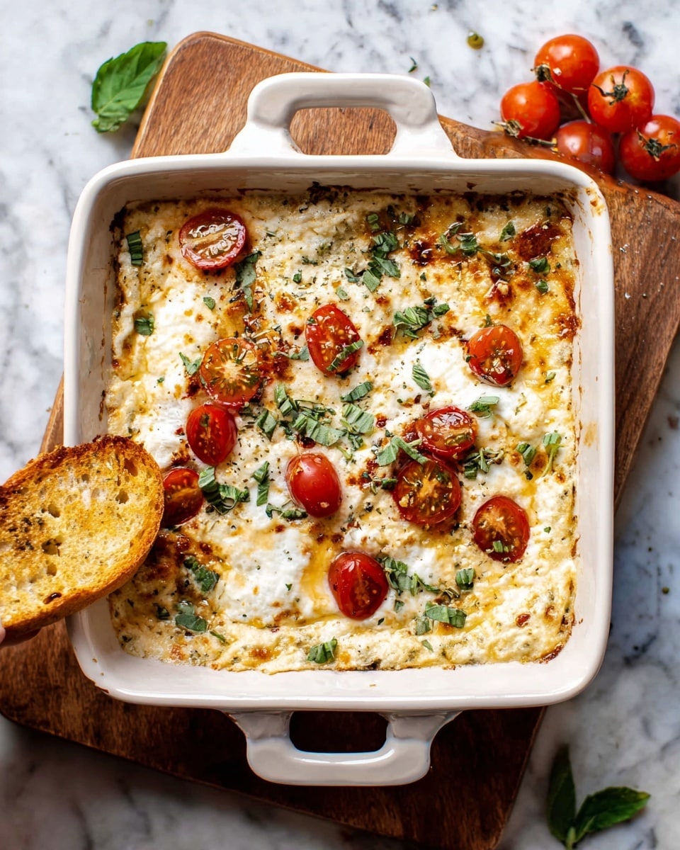 A white square baking dish filled with a creamy, slightly browned casserole that has a soft textured top layer. On top, there are melted white and light golden cheese patches, fresh red cherry tomatoes halved and whole, and small green herb leaves sprinkled over, adding vibrant color. The dish sits on a wooden board, accompanied by a piece of toasted bread with melted cheese held by a woman's hand on the side. The setting is on a white marbled surface, giving a clean and fresh look. photo taken with an iphone --ar 4:5 --v 7