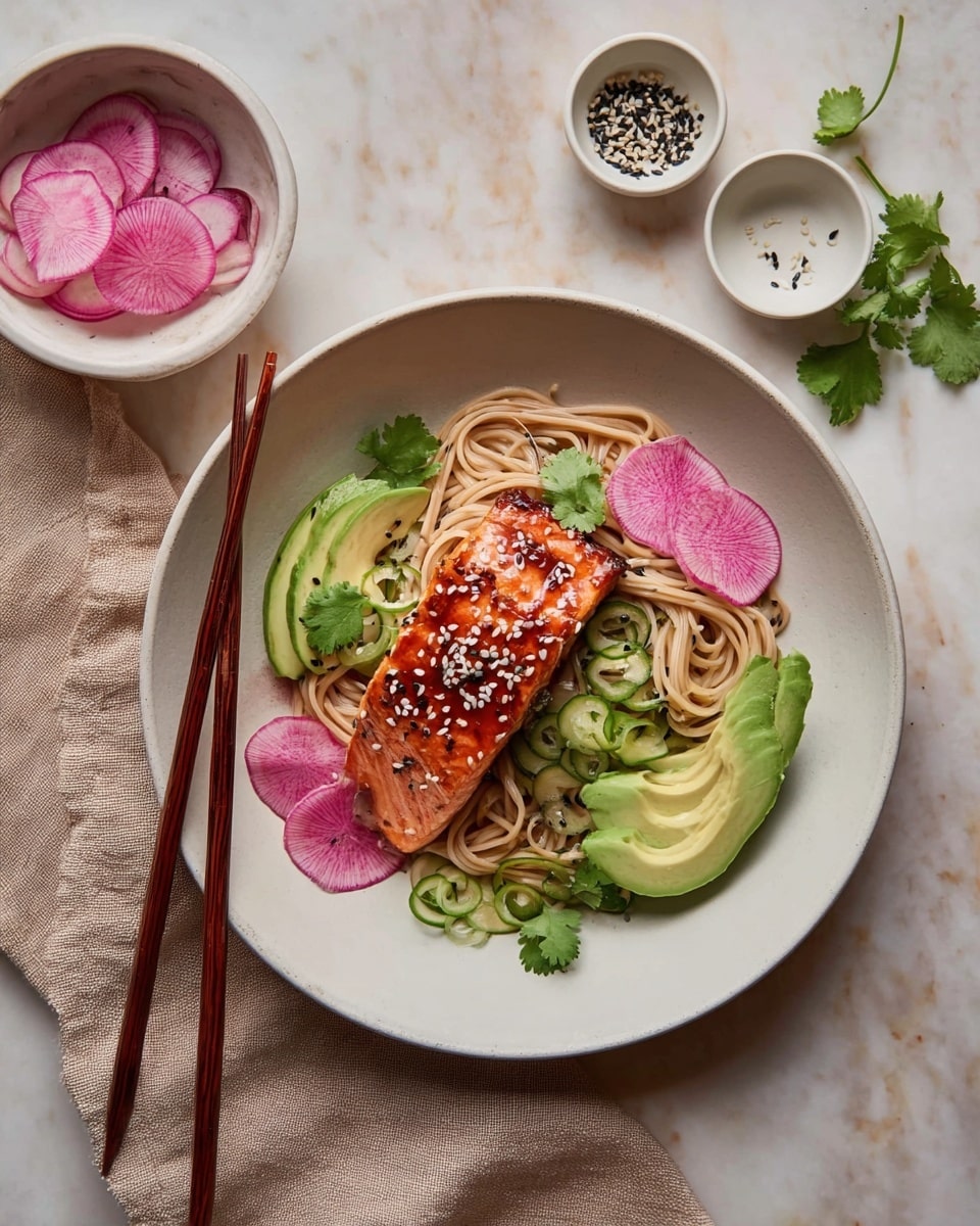 A white round plate holds a visually layered dish starting with a base of light tan noodles spread evenly, topped with a piece of glazed salmon in the center showing a shiny, caramelized orange-brown surface sprinkled with sesame seeds. Around the salmon, thin slices of bright pink radish are arranged mostly at the top and bottom edges, adding a pop of color. On each side of the salmon, neatly fanned slices of fresh green avocado rest over the noodles. Small green cucumber pieces and green cilantro leaves are scattered on the noodles and around the salmon. Dark brown chopsticks lay diagonally on the left side of the plate on a beige cloth. In the background, two small white bowls sit on a white marbled surface, one filled with more pink radish slices and the other with black and white sesame seeds. Photo taken with an iphone --ar 4:5 --v 7
